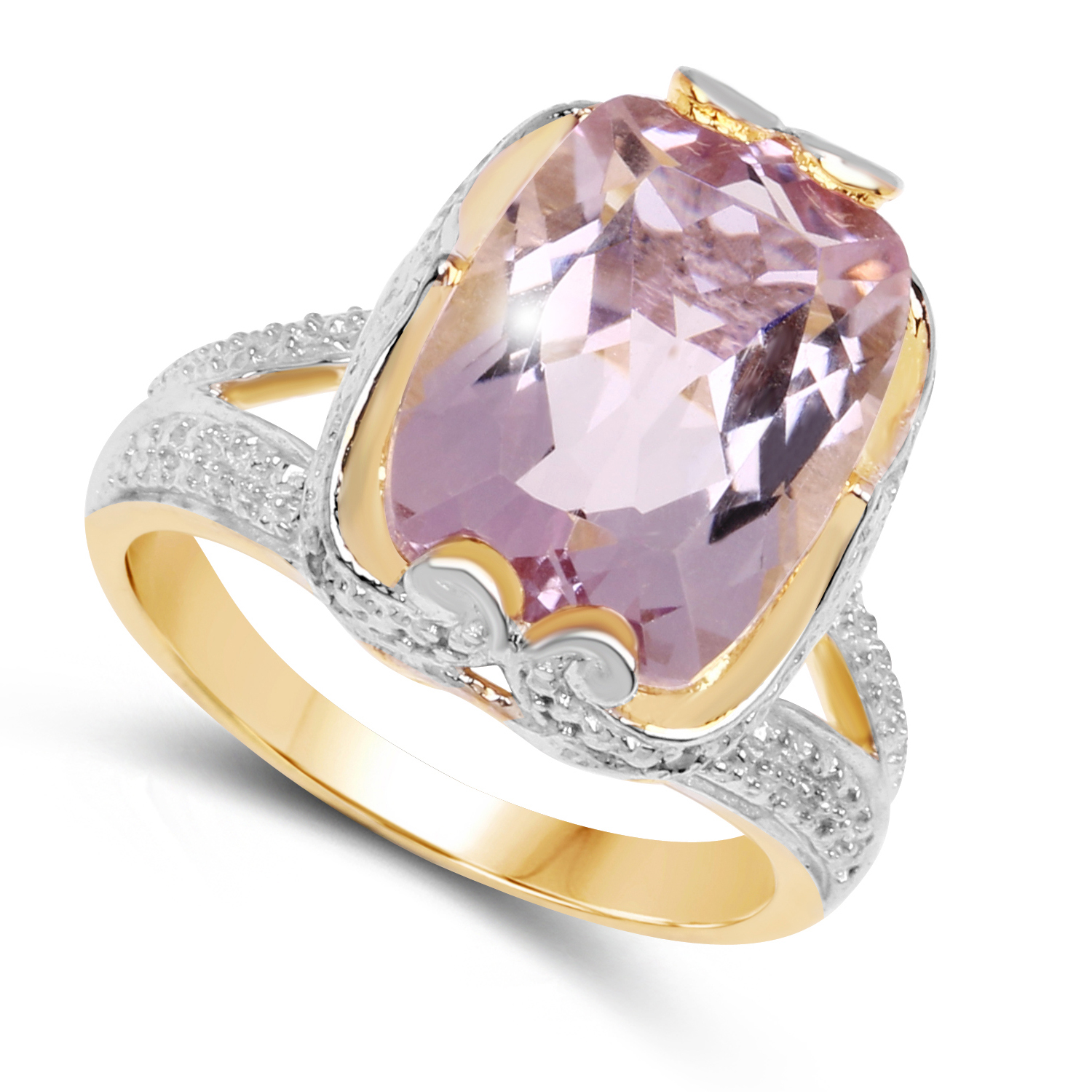 14K Yellow Gold Plated 6.52 Carat Genuine Pink Amethyst & White Topaz .925 Sterling Silver Ring