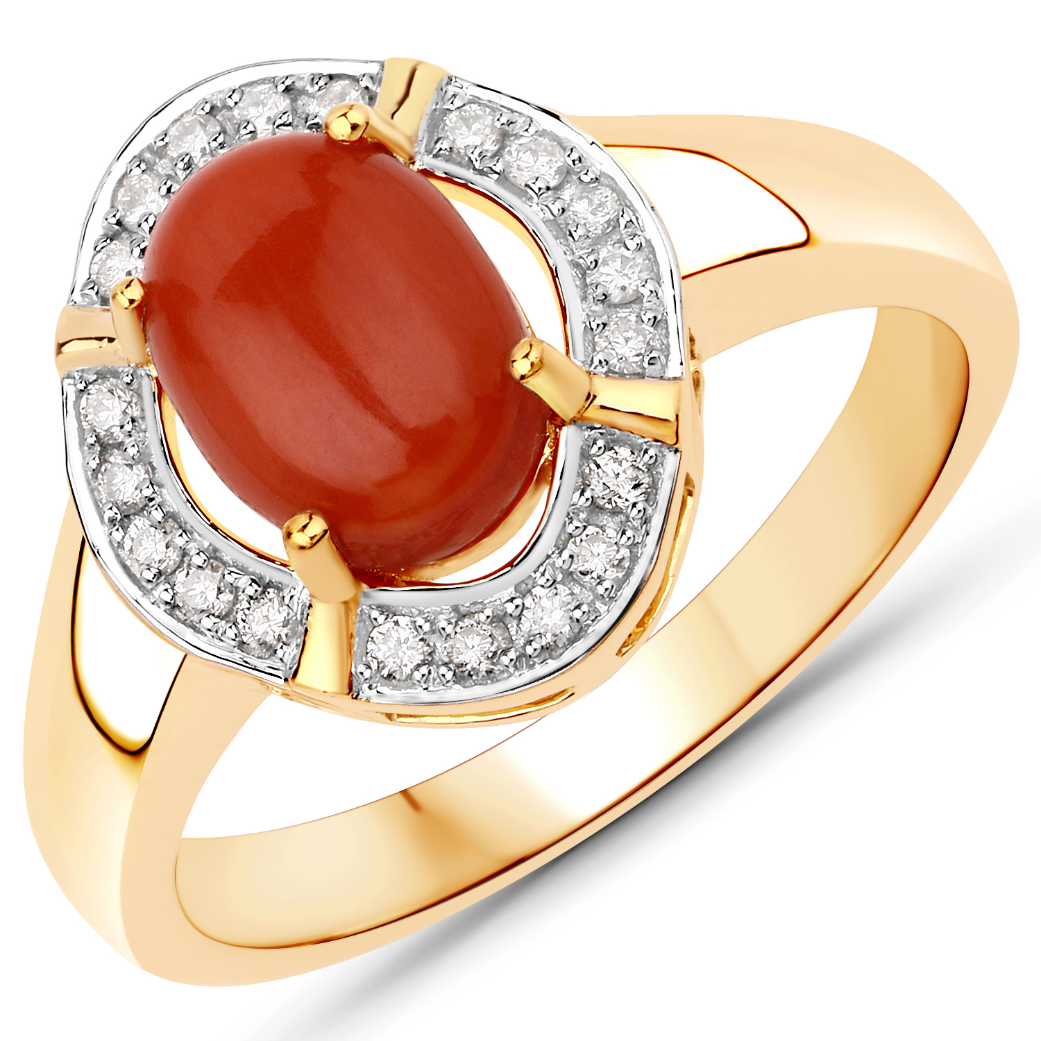 1.48 Carat Genuine Coral and White Diamond 14K Yellow Gold Ring