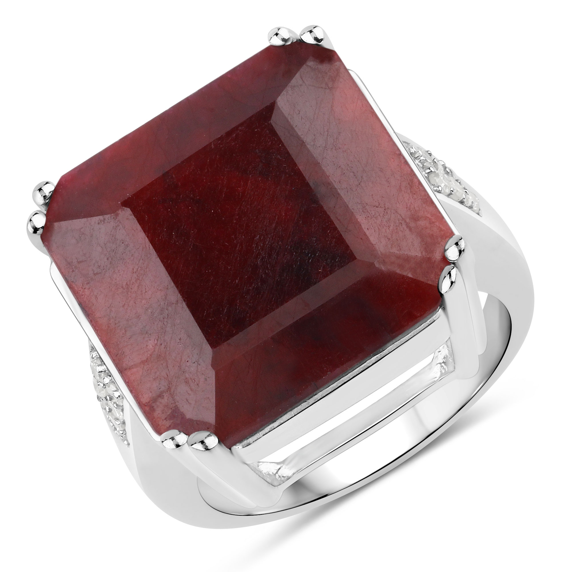17.83 Carat Dyed Ruby and White Diamond .925 Sterling Silver Ring