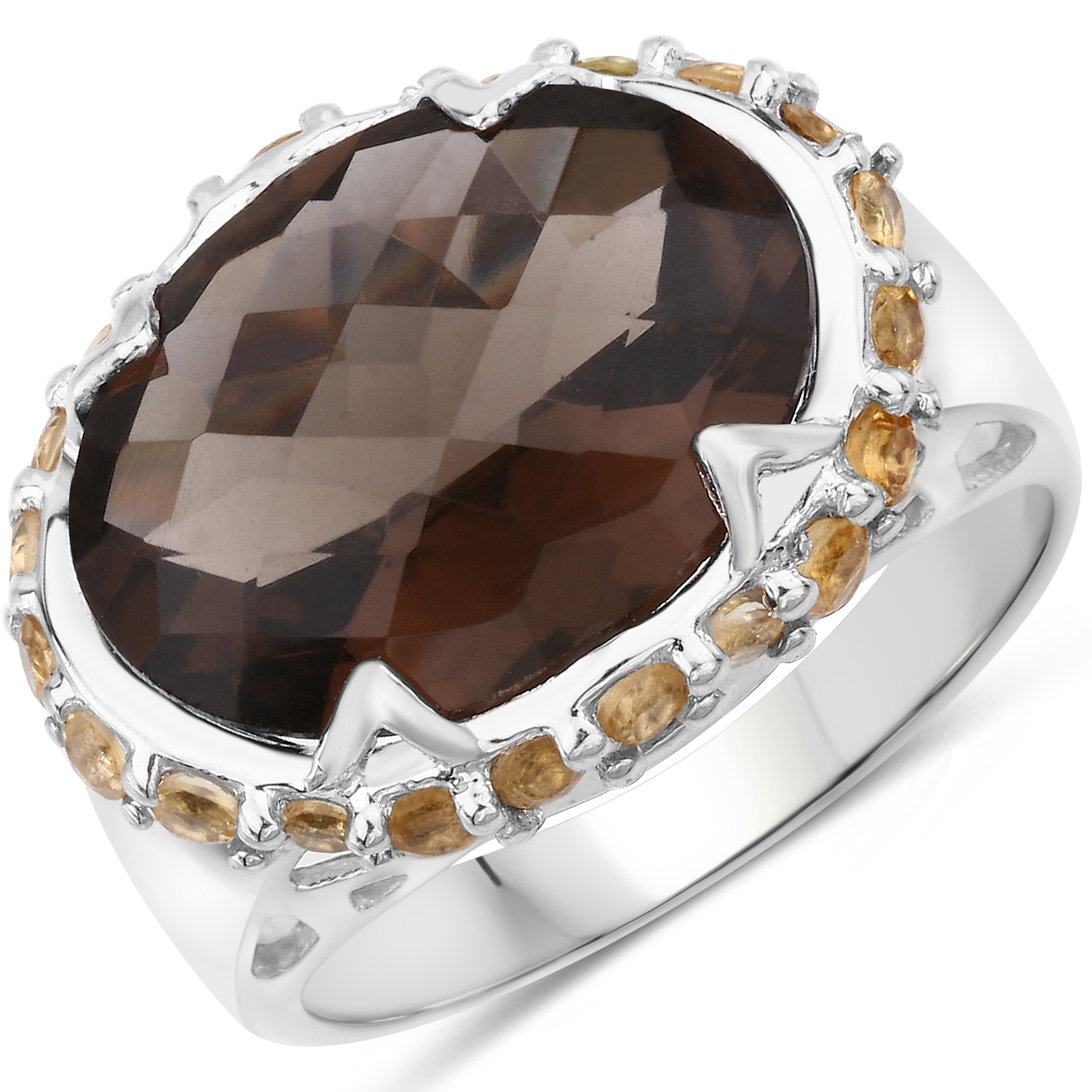 Two Tone Plated 9.58 Carat Genuine Smoky Quartz & Citrine .925 Sterling Silver Ring