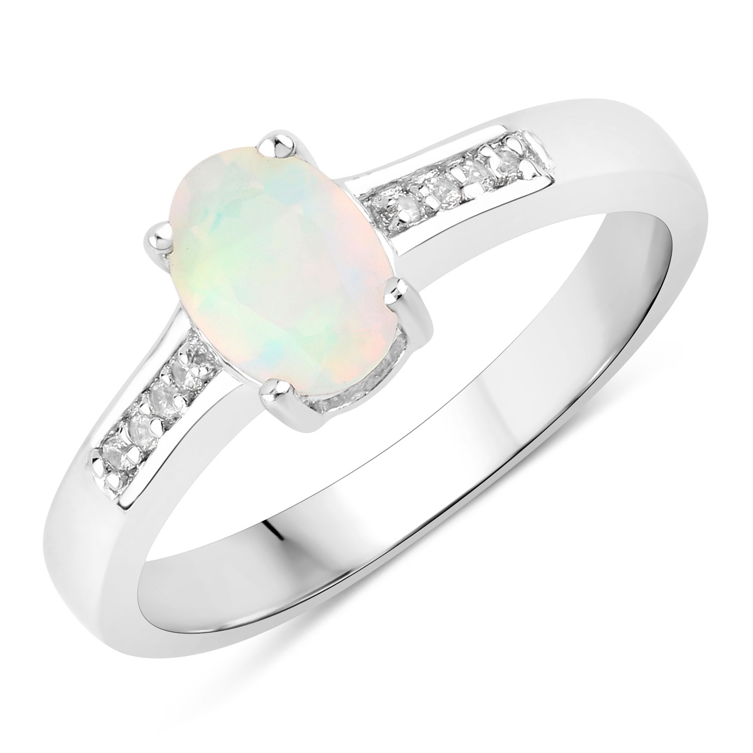 0.41 Carat Genuine Ethiopian Opal and Created White Sapphire .925 Sterling Silver Ring