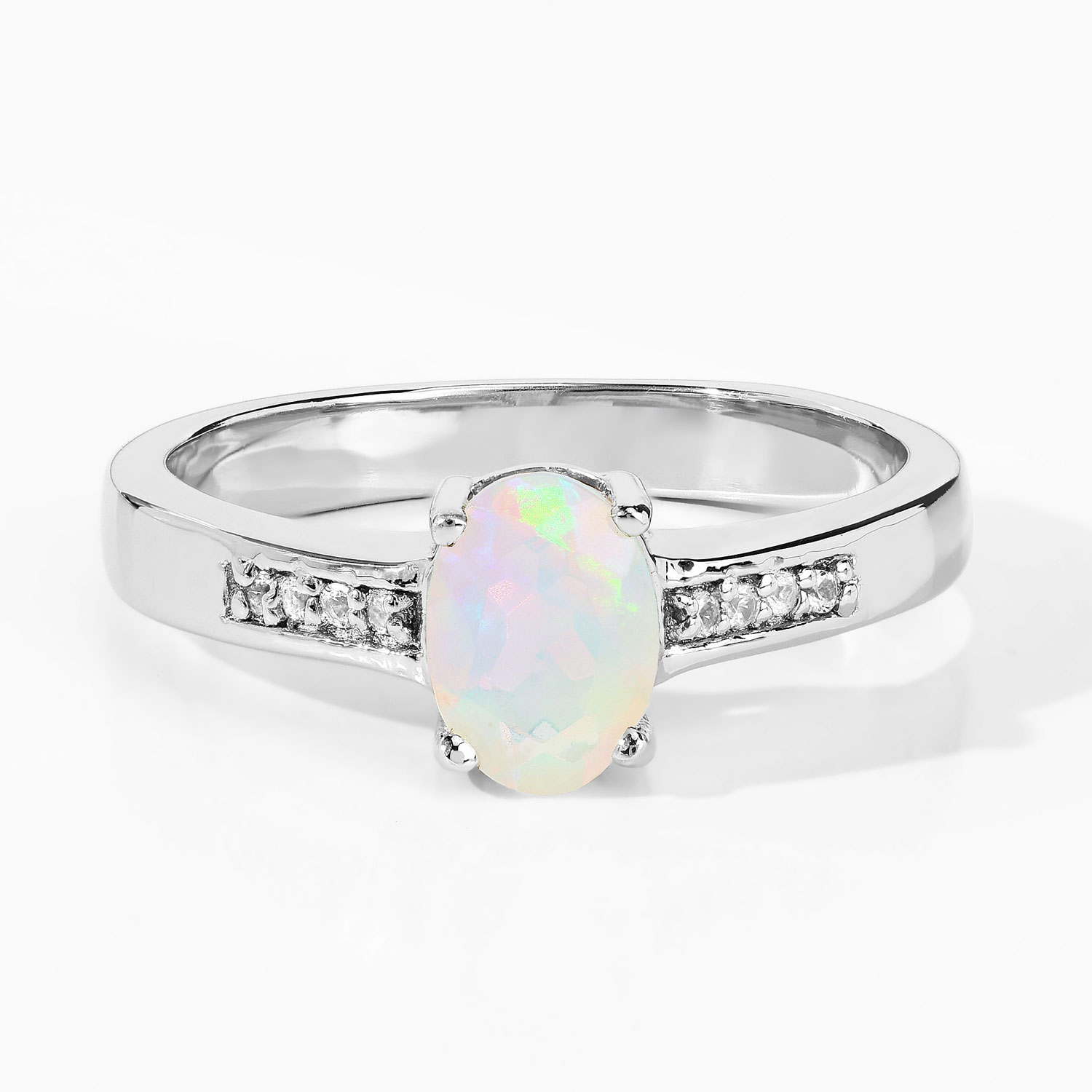 0.41 Carat Genuine Ethiopian Opal and Created White Sapphire .925 Sterling Silver Ring