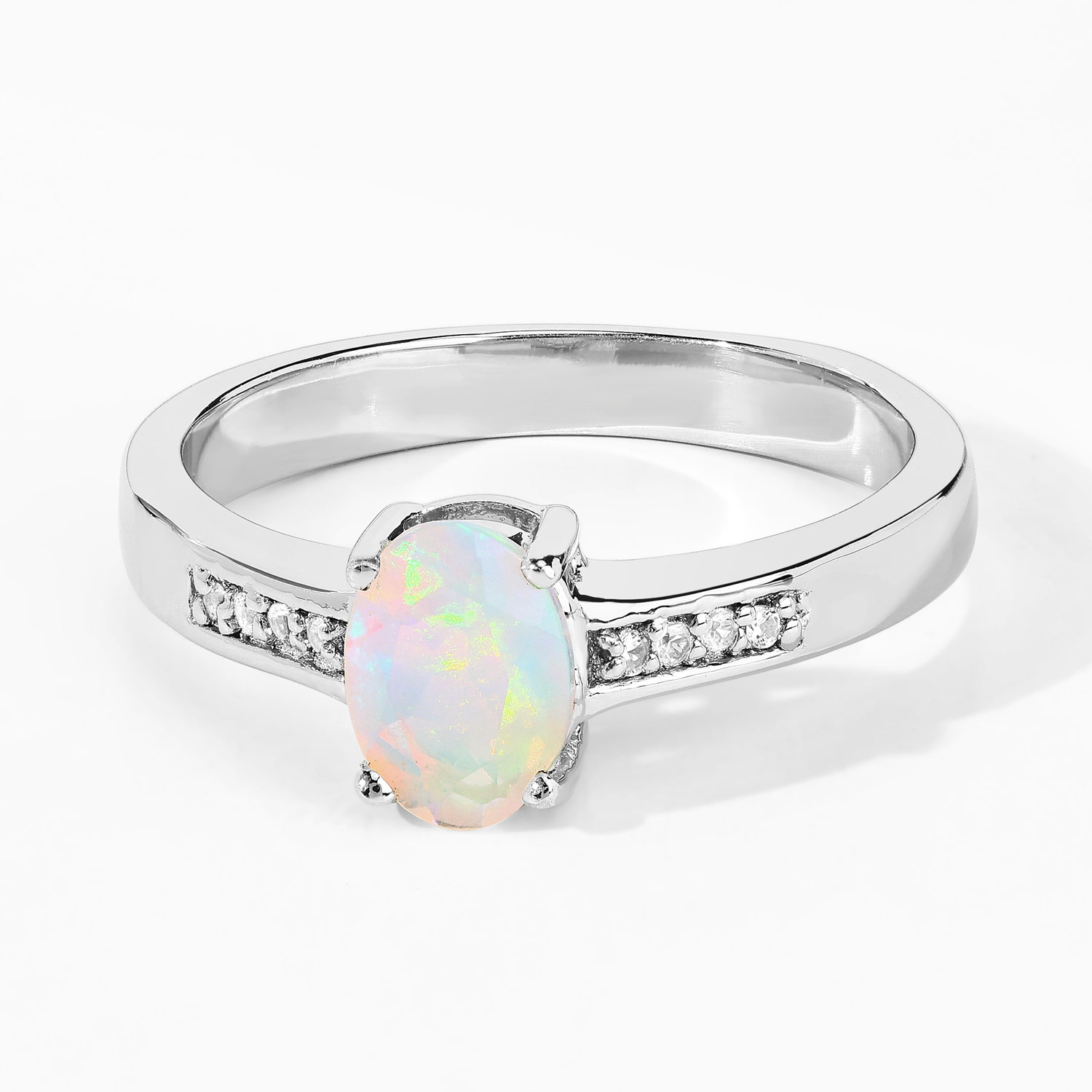 0.41 Carat Genuine Ethiopian Opal and Created White Sapphire .925 Sterling Silver Ring