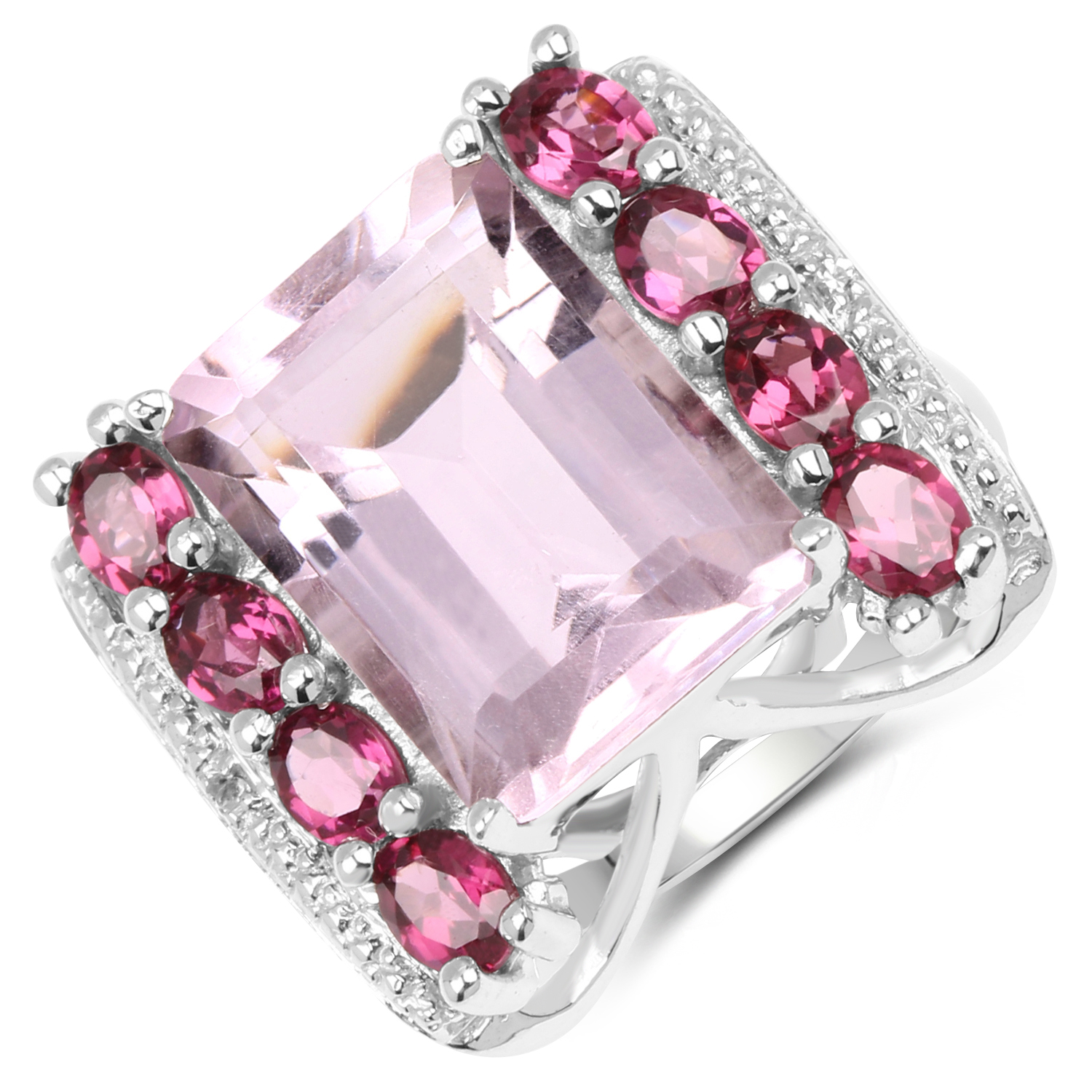 7.80 Carat Genuine Pink Amethyst, Rhodolite & White Topaz .925 Sterling Silver Ring