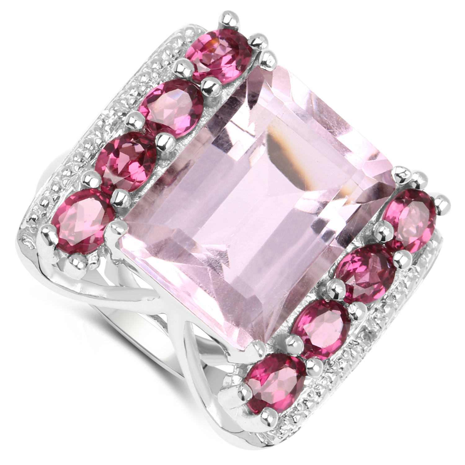 7.80 Carat Genuine Pink Amethyst, Rhodolite & White Topaz .925 Sterling Silver Ring