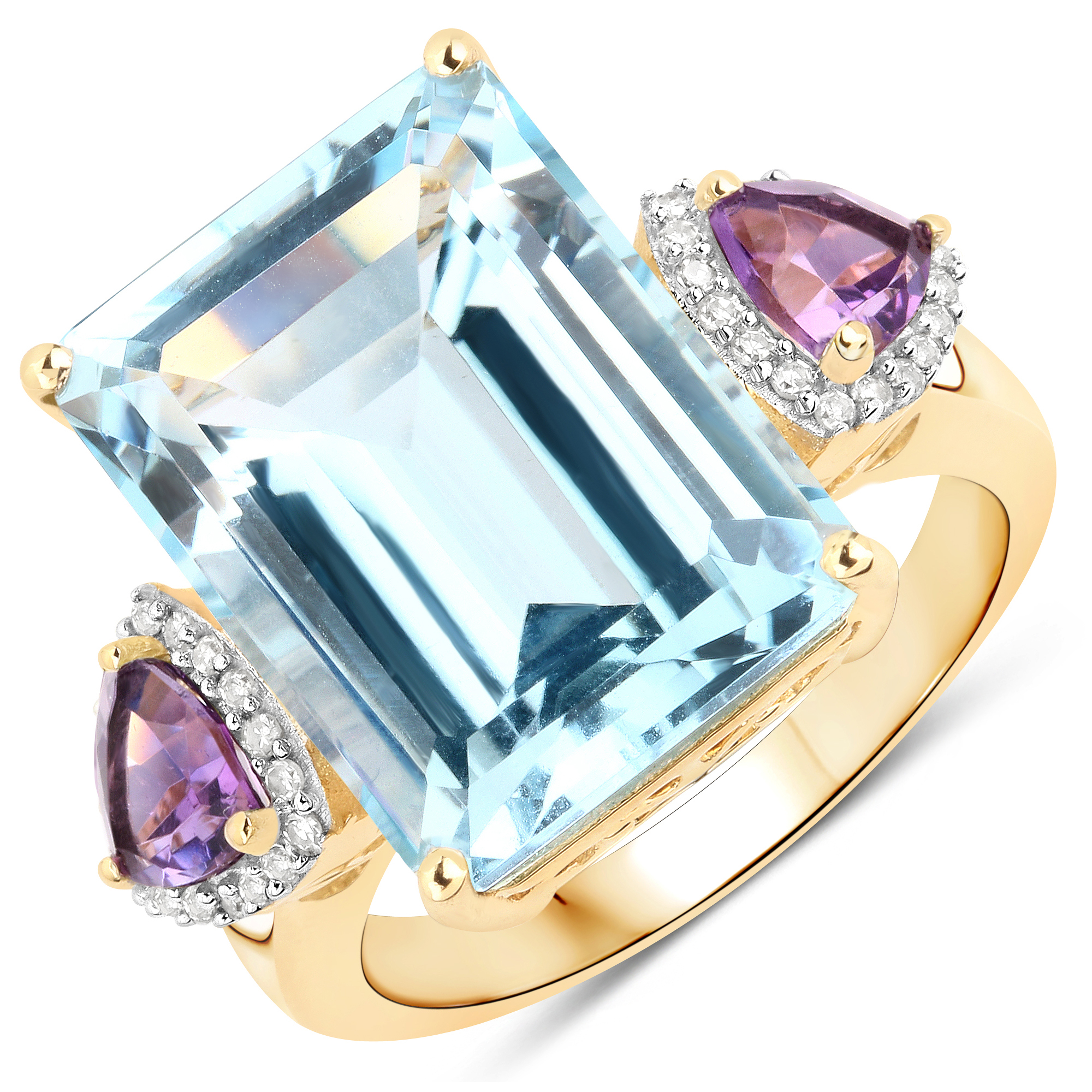 14.94 Carat Genuine Blue Topaz, Amethyst and White Diamond 14K Yellow Gold Ring