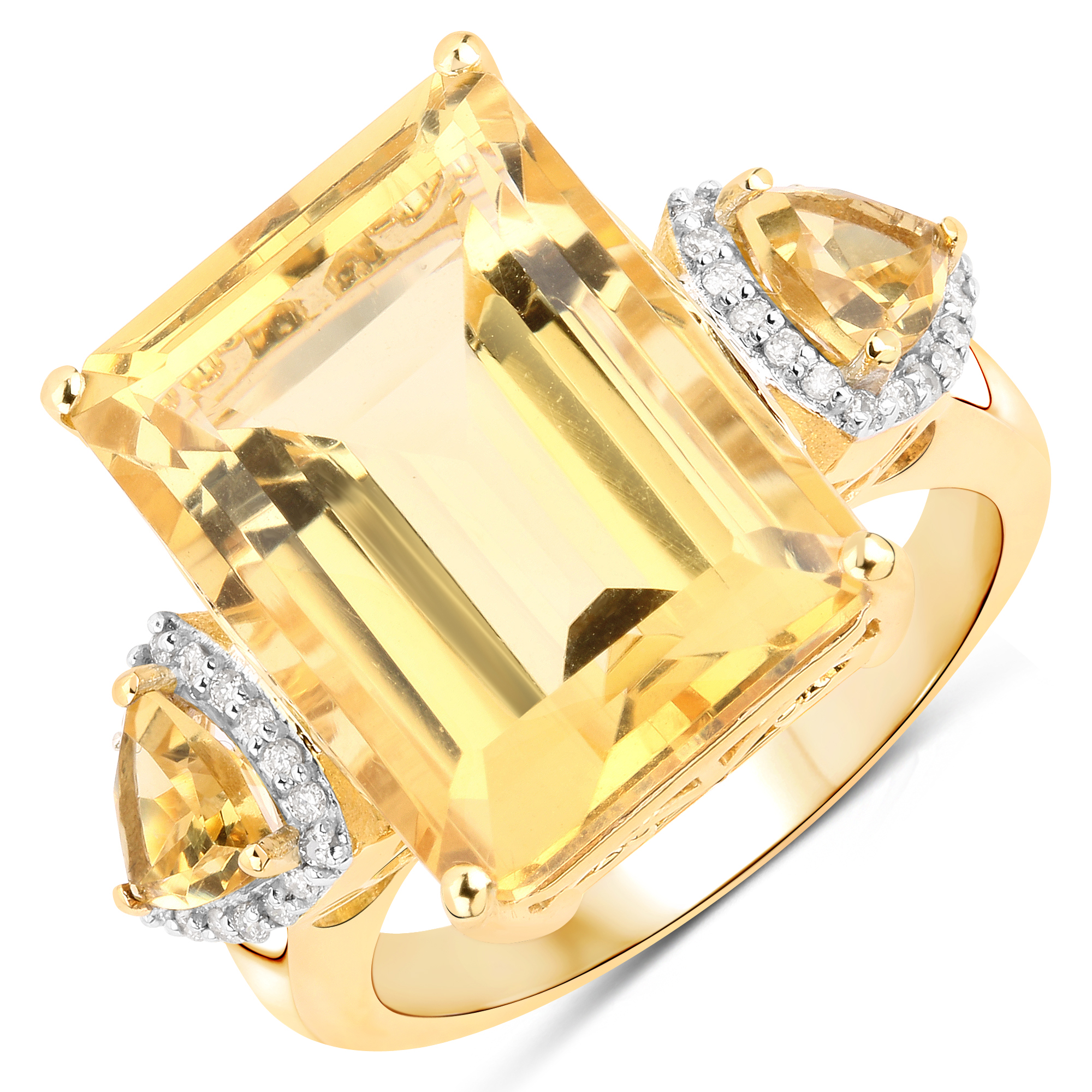 12.44 Carat Genuine Citrine and White Diamond 14K Yellow Gold Ring