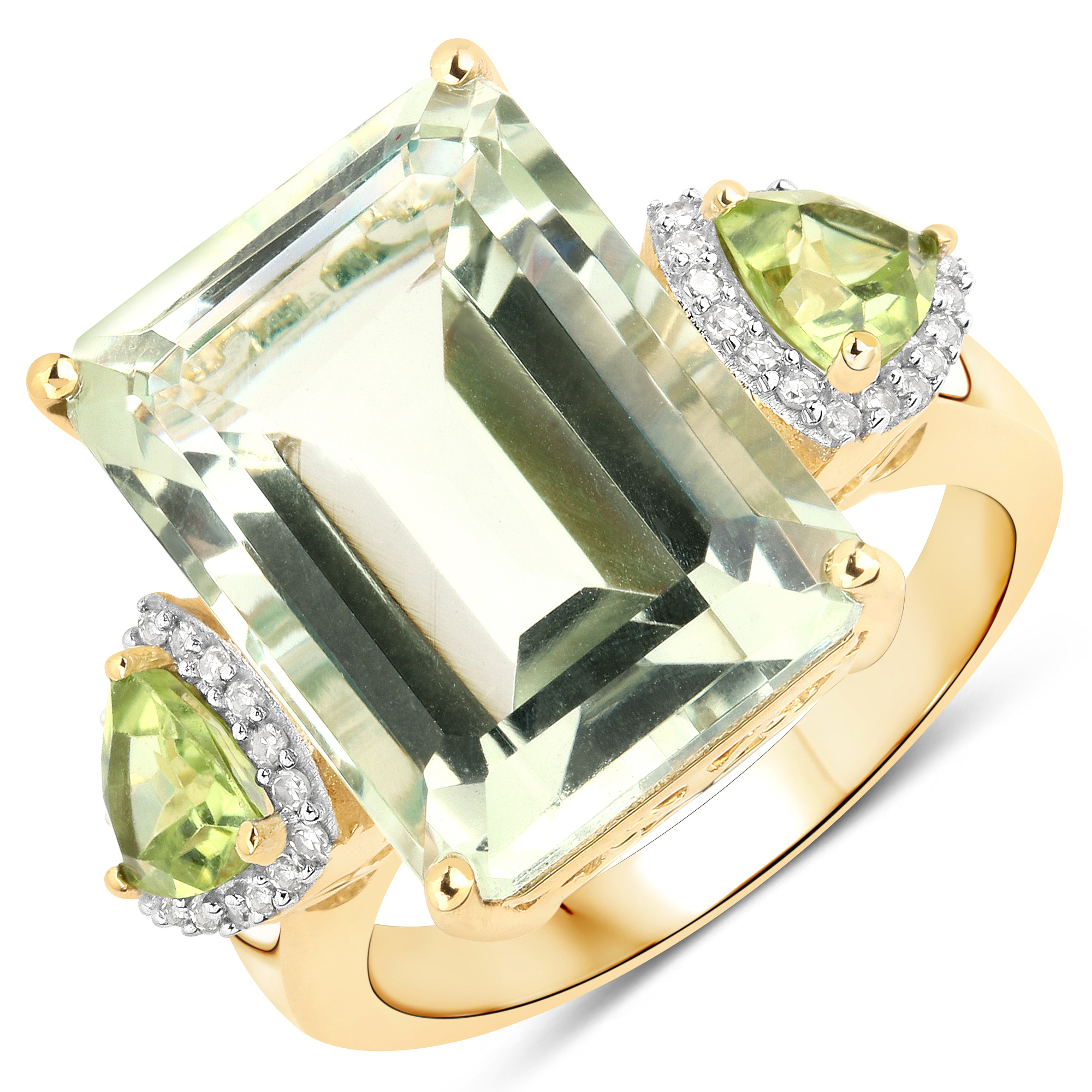 12.08 Carat Genuine Green Amethyst, Peridot and White Diamond 14K Yellow Gold Ring