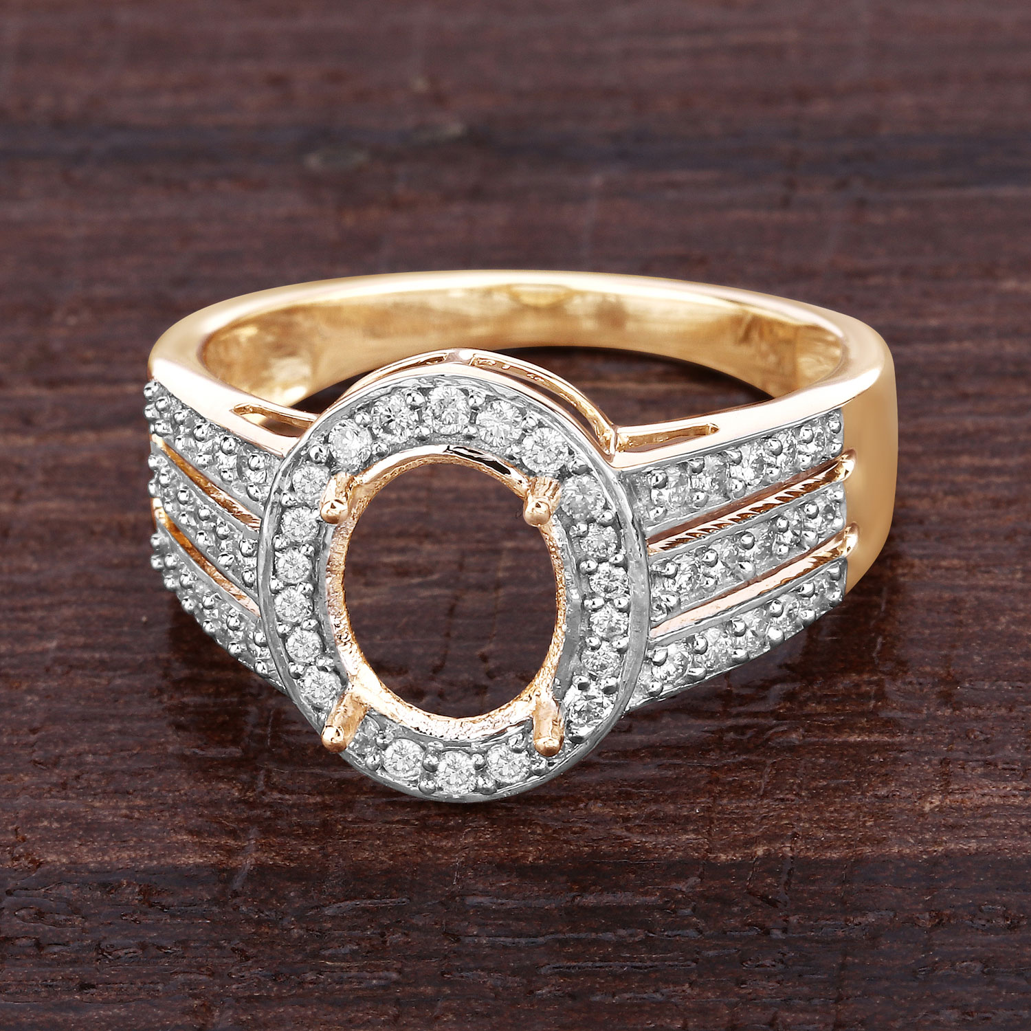 0.44 Carat Genuine White Diamond 14K Yellow Gold Semi Mount Ring - holds 9x7mm Oval Gemstone