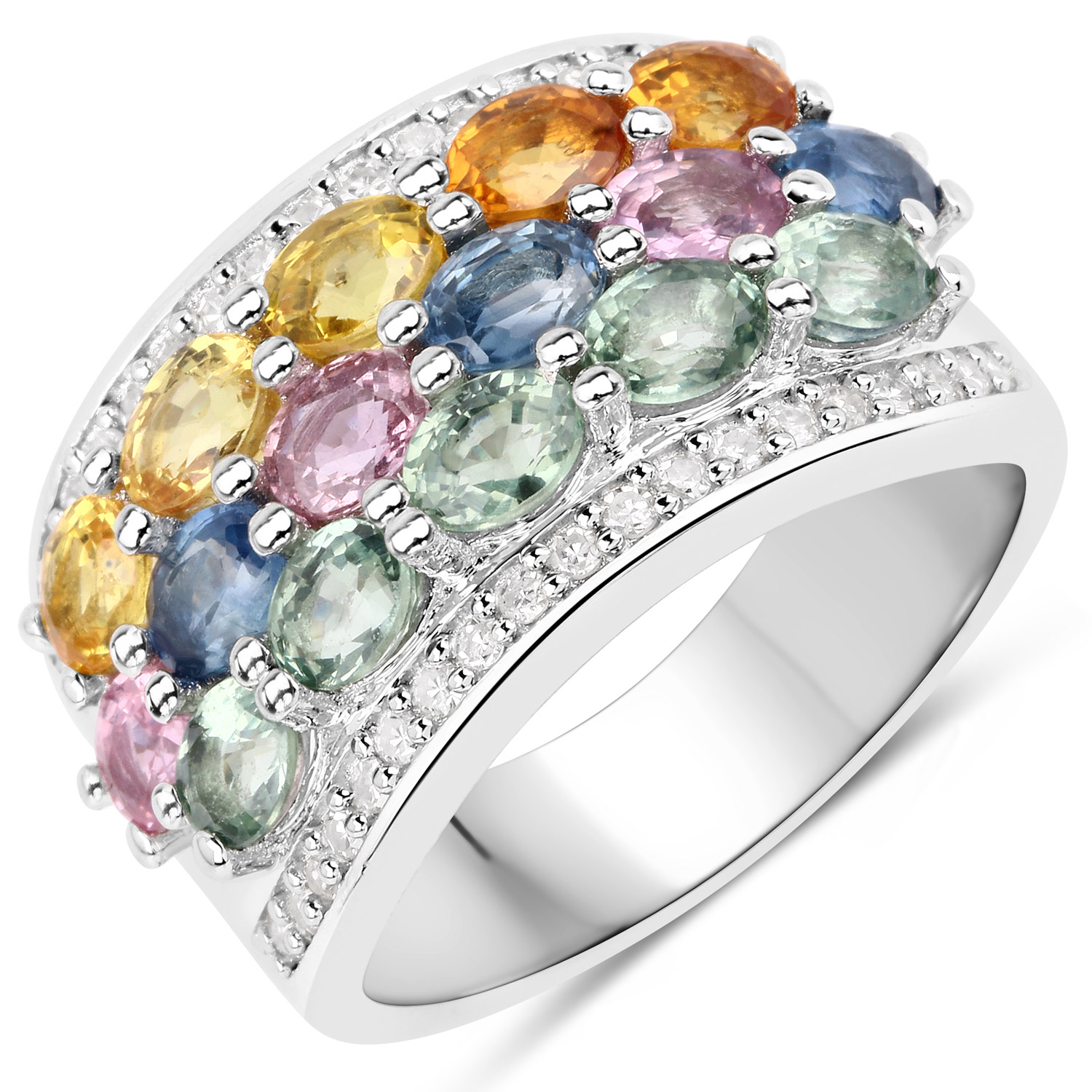 3.53 Carat Genuine Multi Sapphire and White Diamond .925 Sterling Silver Ring