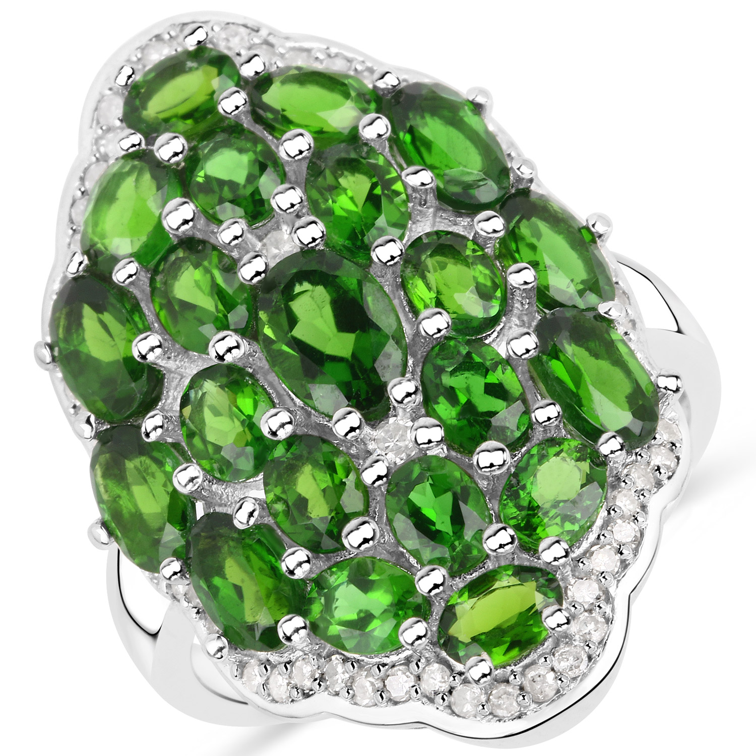 4.34 Carat Genuine Chrome Diopside and White Diamond .925 Sterling Silver Ring