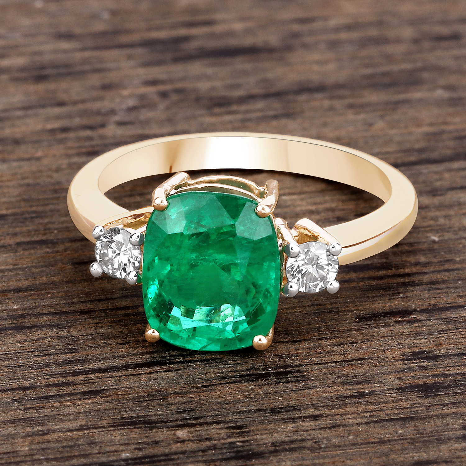 3.09 Carat Genuine Zambian Emerald and White Diamond 14K Yellow Gold Ring