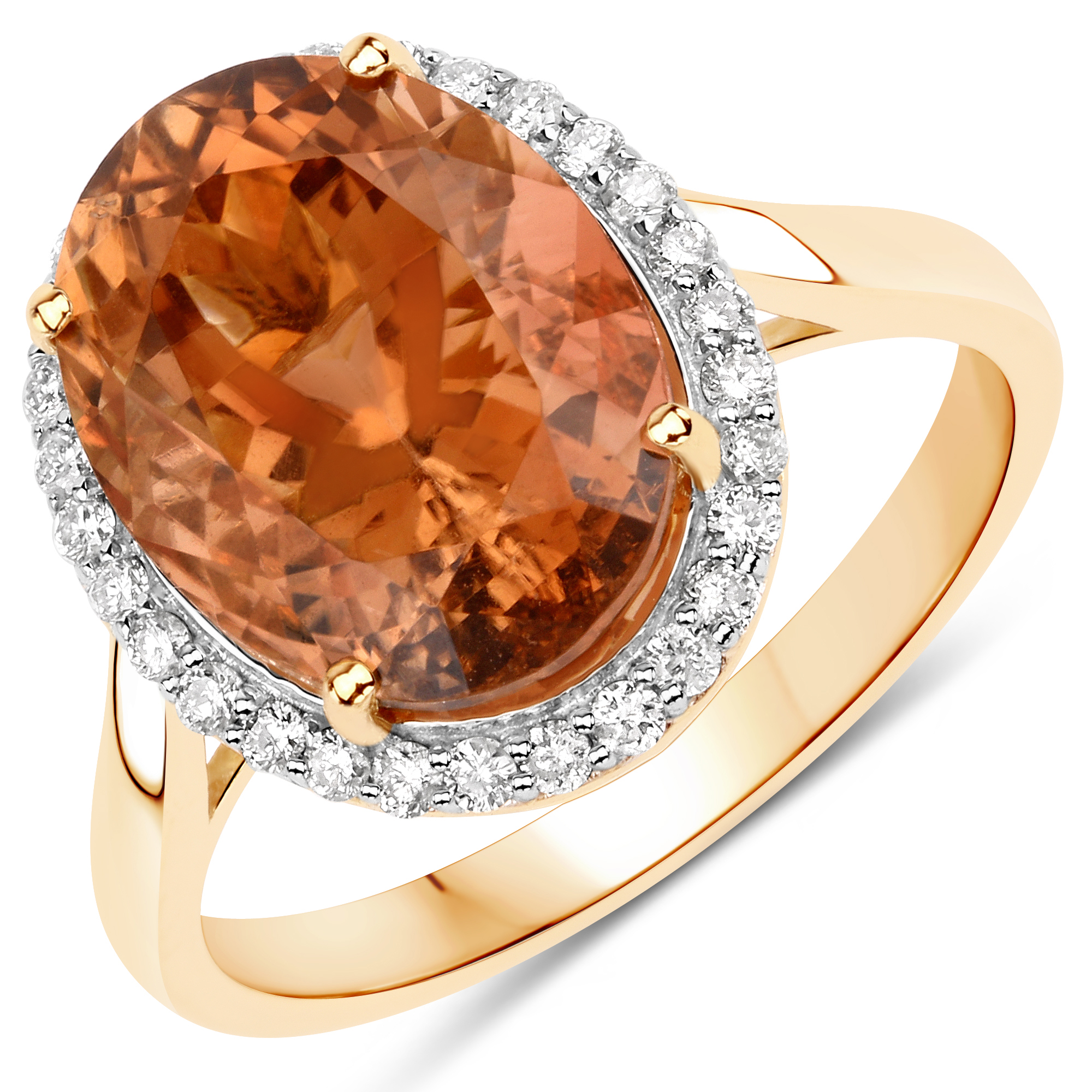 6.10 Carat Genuine Rare Orange Tourmaline and White Diamond 14K Yellow Gold Ring