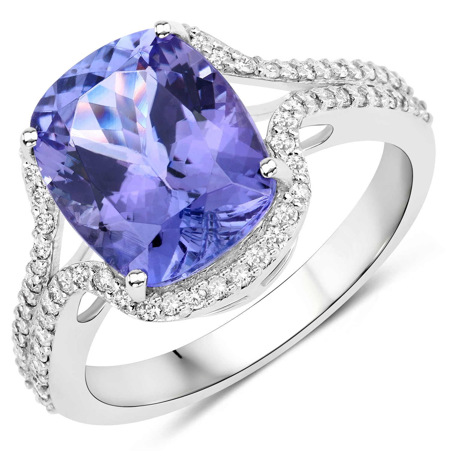 4.81 Carat Genuine Tanzanite and White Diamond 14K White Gold Ring