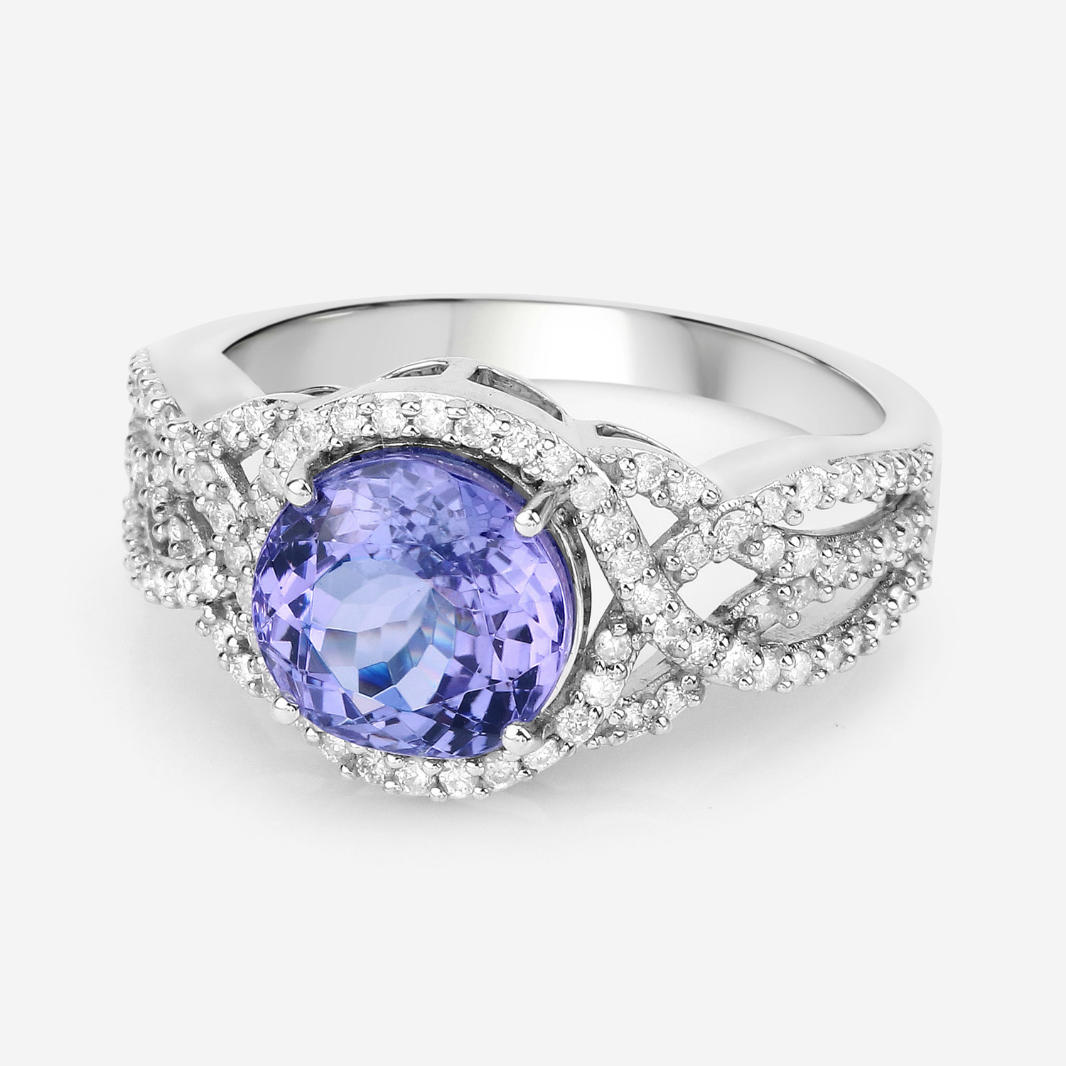 3.35 Carat Genuine Tanzanite and White Diamond 14K White Gold Ring