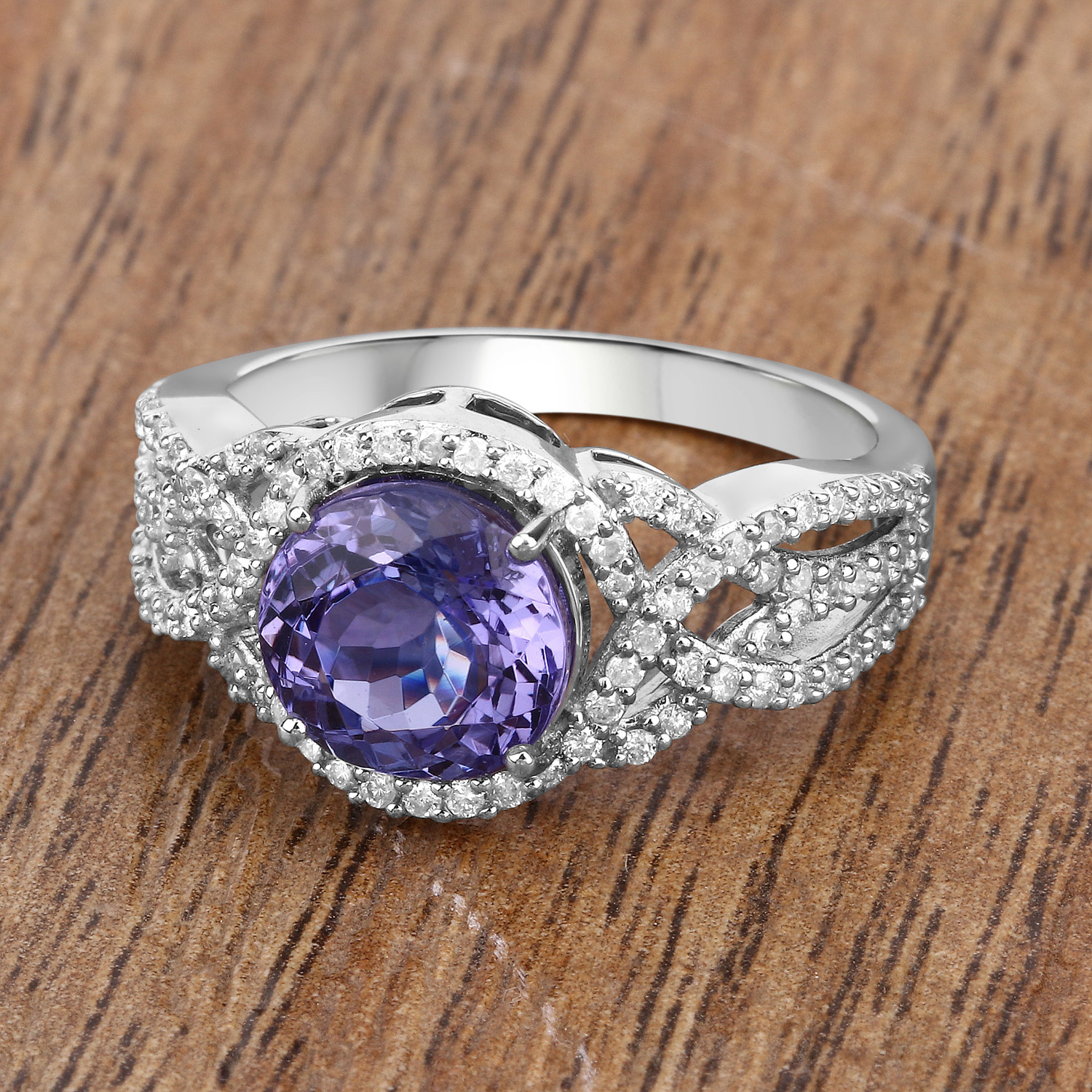 3.35 Carat Genuine Tanzanite and White Diamond 14K White Gold Ring