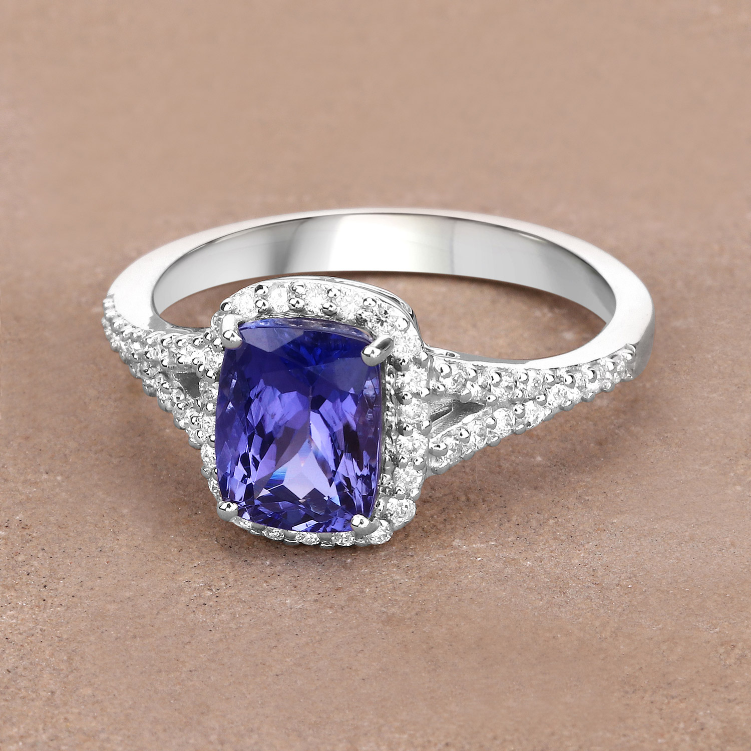 2.59 Carat Genuine Tanzanite and White Diamond 14K White Gold Ring