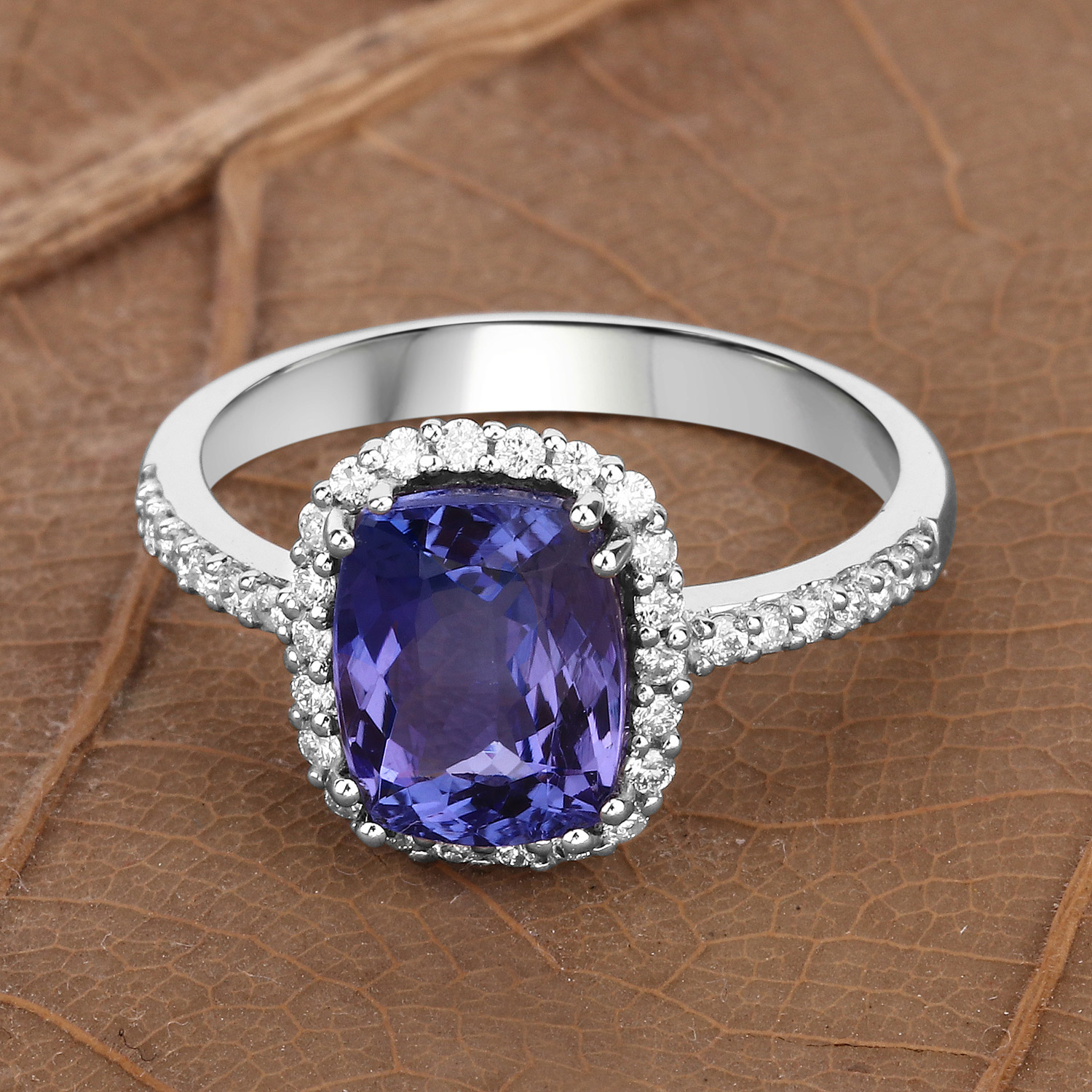 2.77 Carat Genuine Tanzanite and White Diamond 14K White Gold Ring