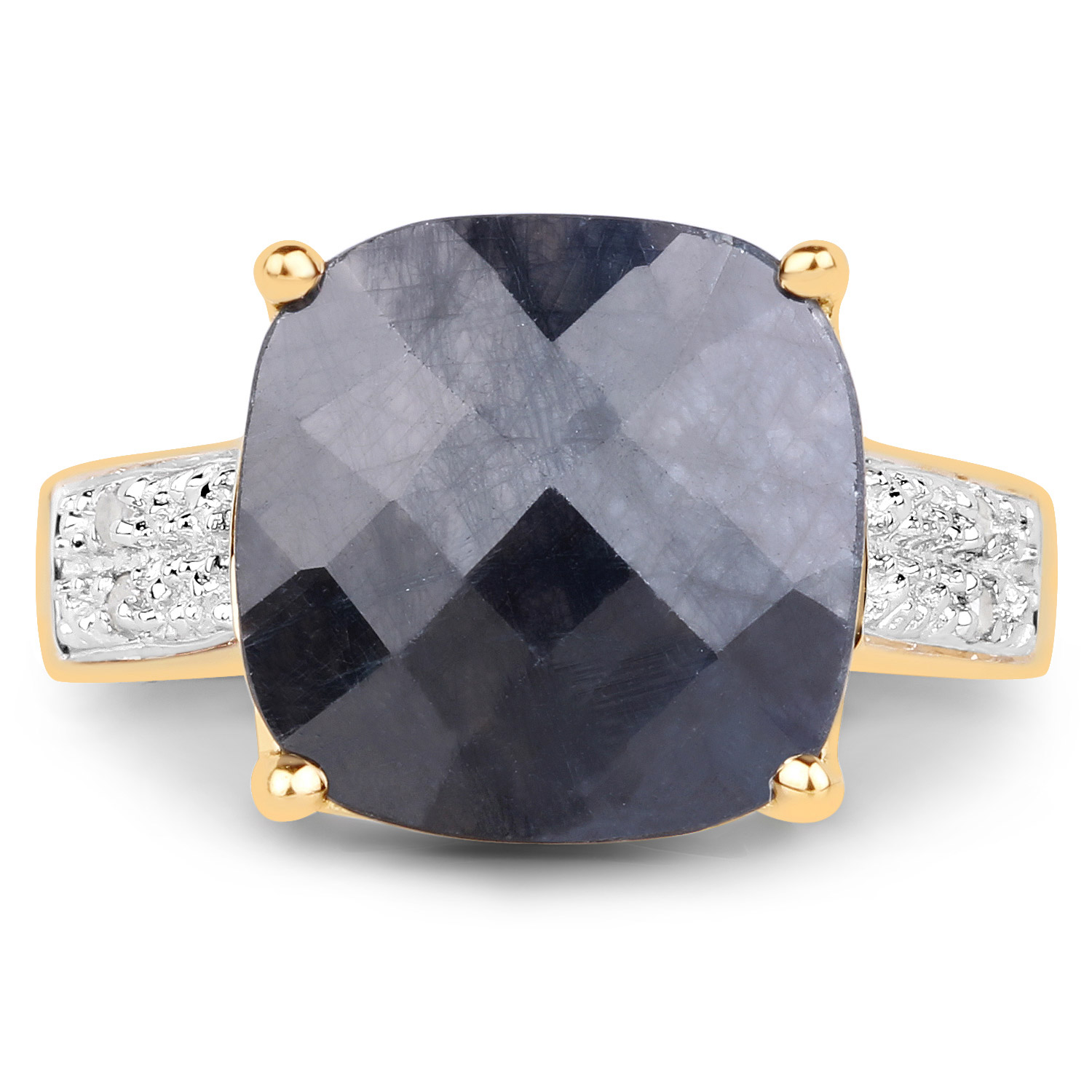14K Yellow Gold Plated 7.93 Carat Dyed Sapphire and White Diamond .925 Sterling Silver Ring