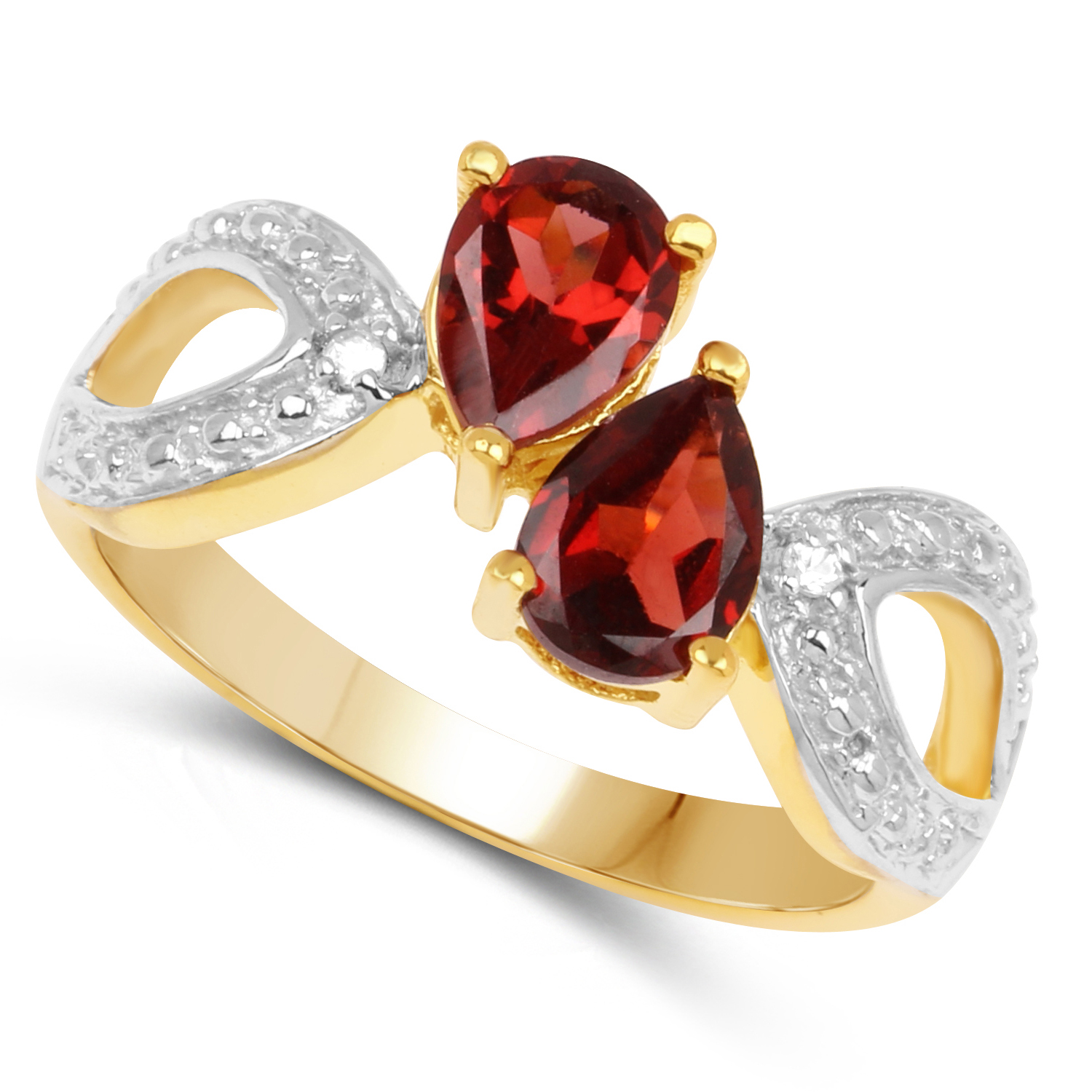 14K Yellow Gold Plated 1.73 Carat Genuine Garnet and White Topaz .925 Sterling Silver Ring