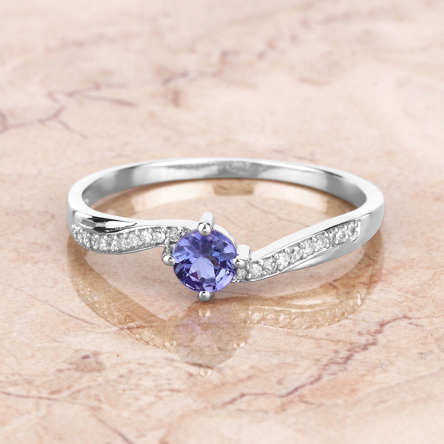 0.28 Carat Genuine Tanzanite and White Diamond 14K White Gold Ring