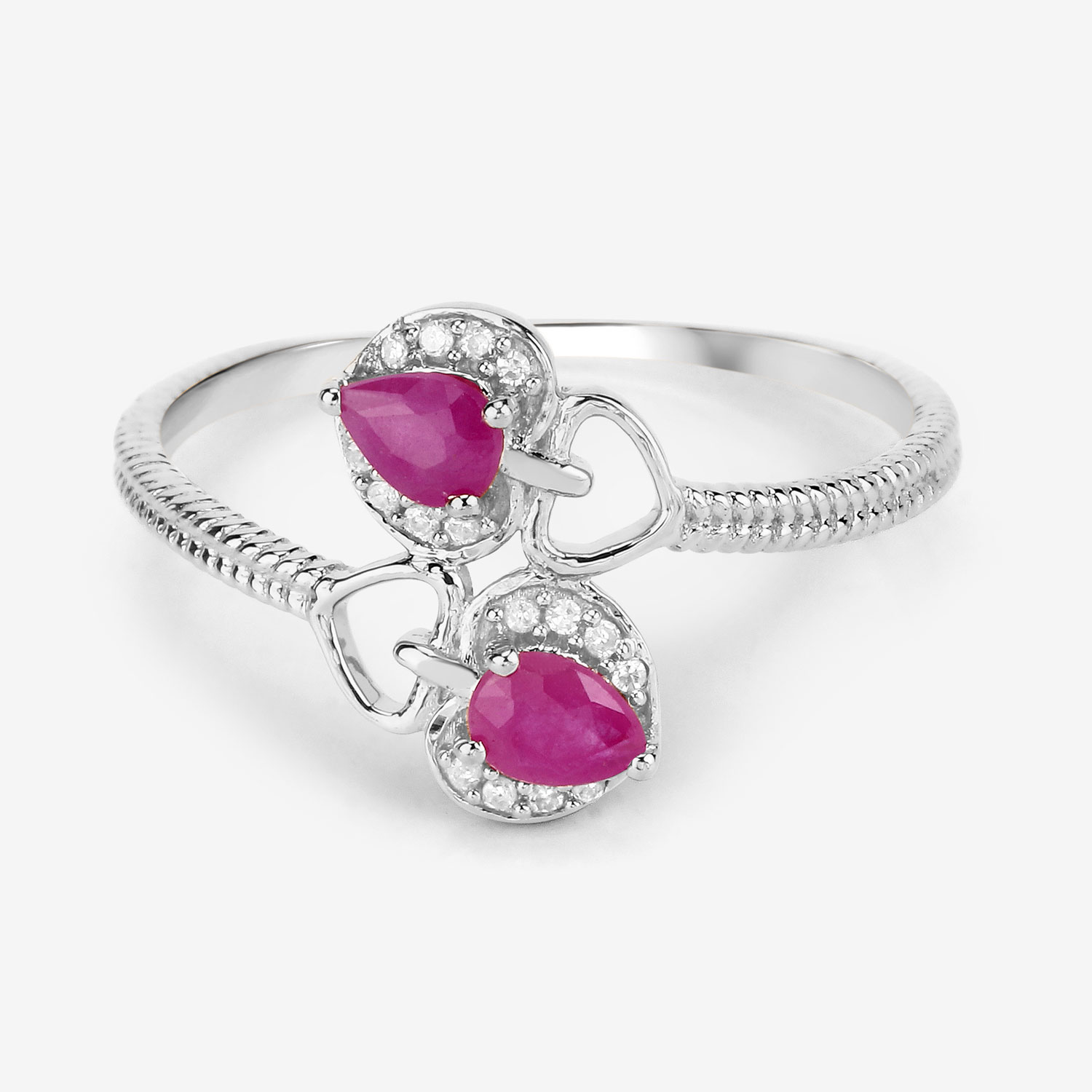 0.44 Carat Genuine Ruby and White Diamond 14K White Gold Ring