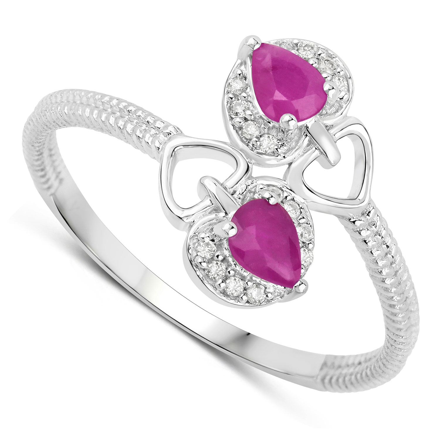 0.44 Carat Genuine Ruby and White Diamond 14K White Gold Ring