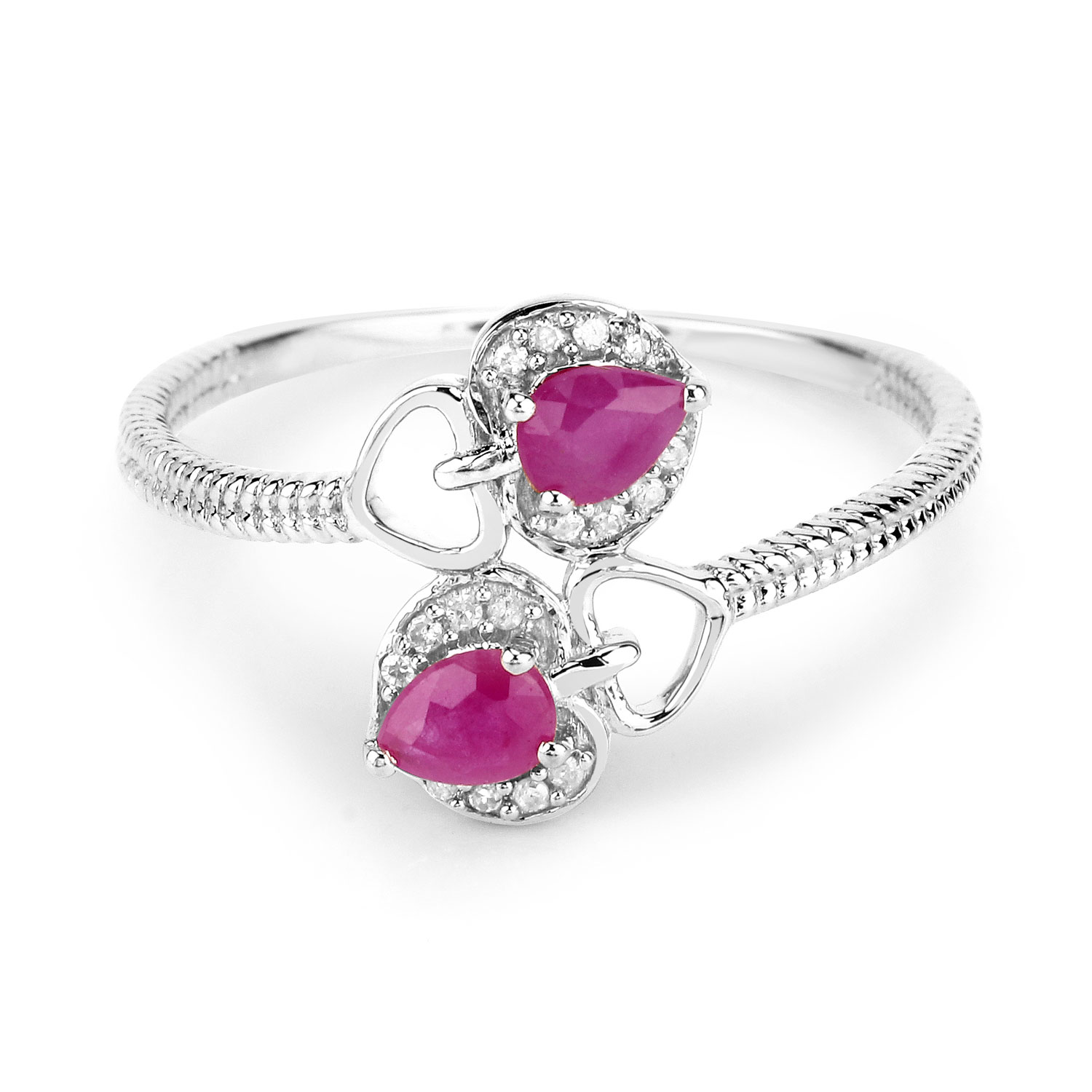 0.44 Carat Genuine Ruby and White Diamond 14K White Gold Ring