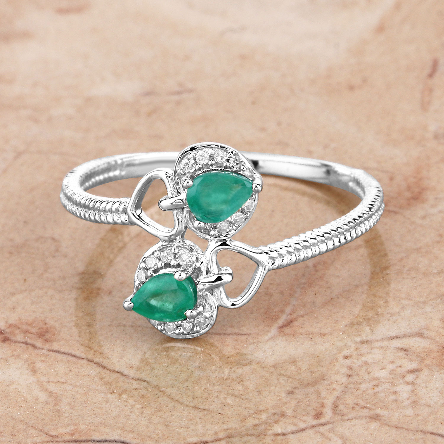 0.32 Carat Genuine Zambian Emerald and White Diamond 14K White Gold Ring