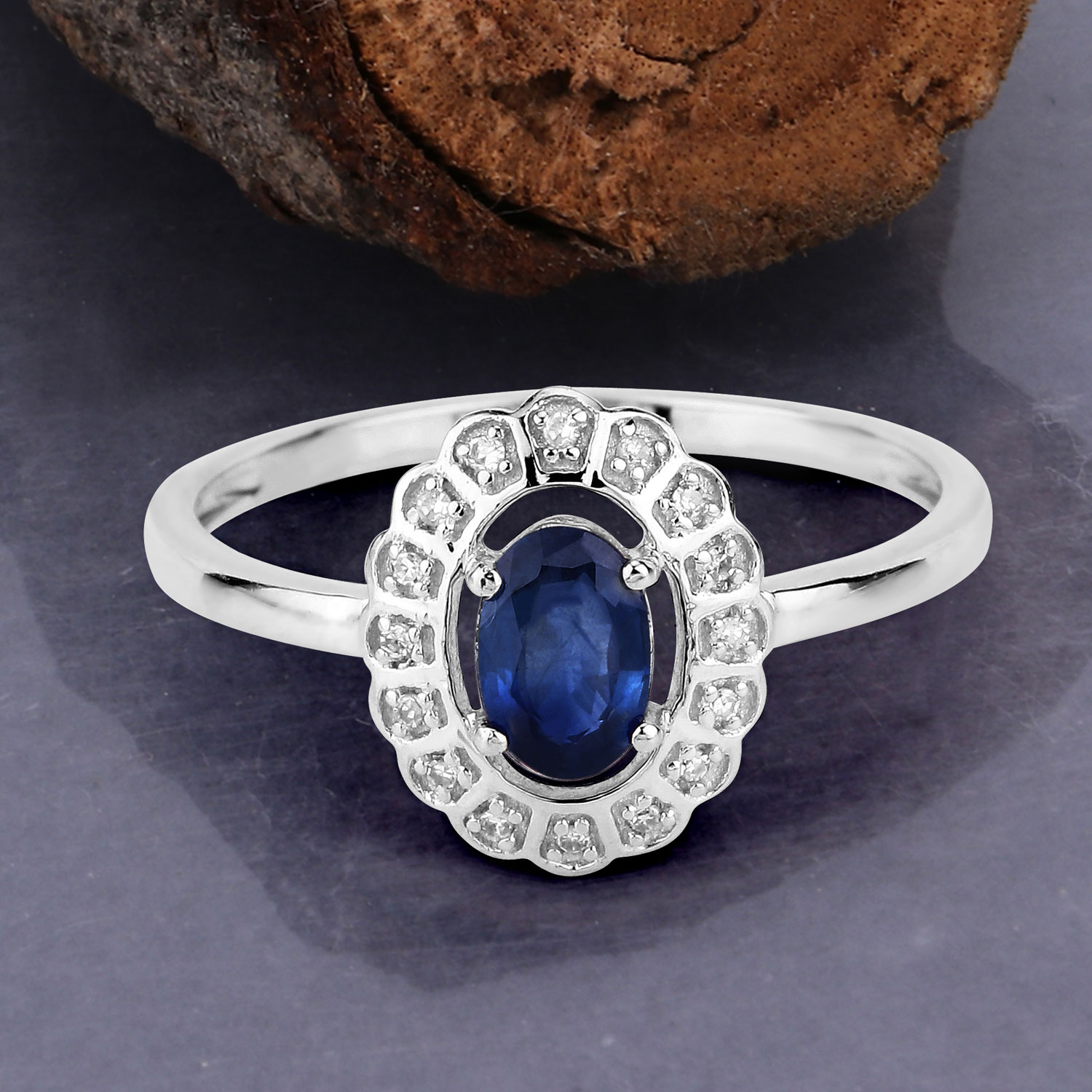 0.52 Carat Genuine Blue Sapphire and White Diamond 14K White Gold Ring