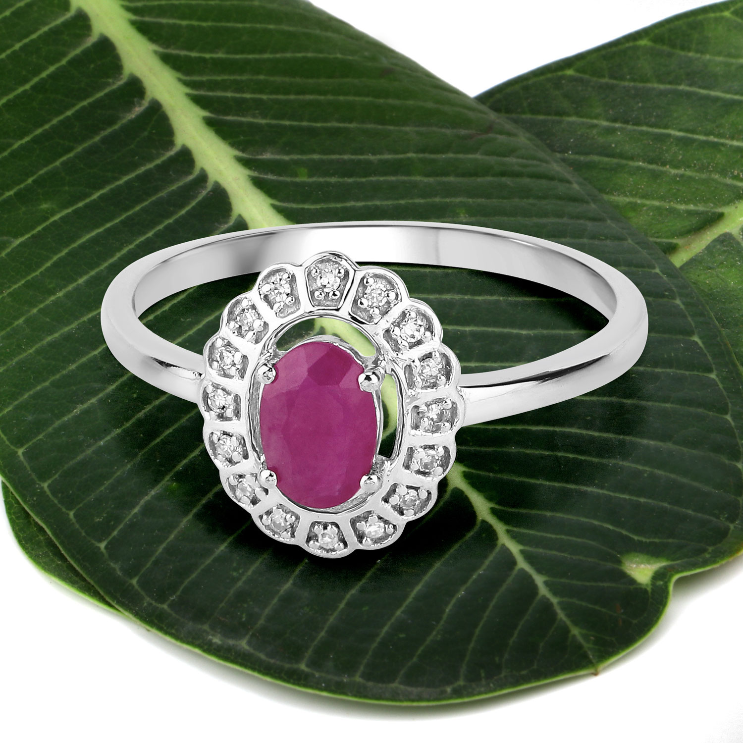 0.56 Carat Genuine Ruby and White Diamond 14K White Gold Ring