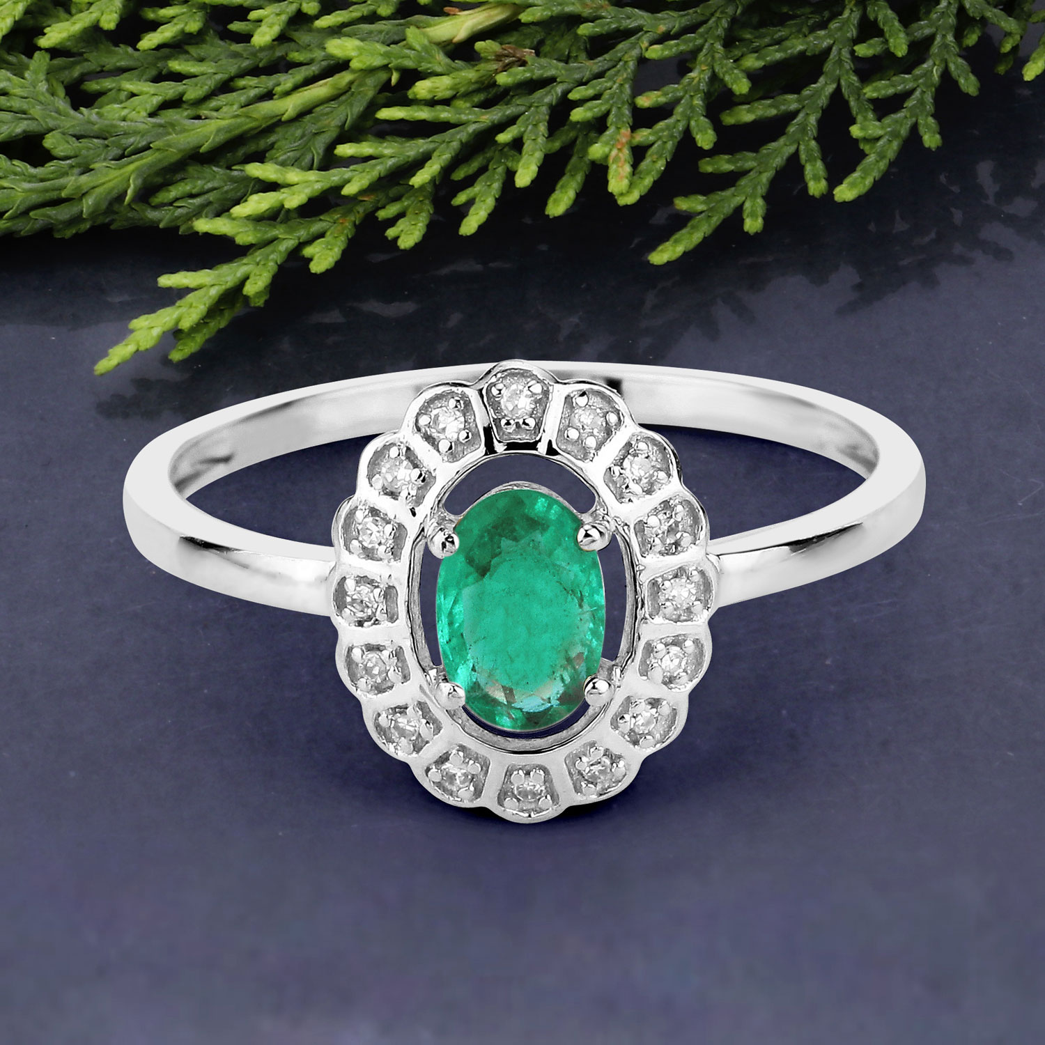 0.48 Carat Genuine Zambian Emerald and White Diamond 14K White Gold Ring