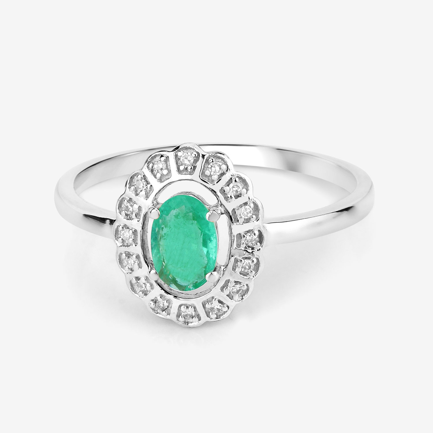 0.48 Carat Genuine Zambian Emerald and White Diamond 14K White Gold Ring