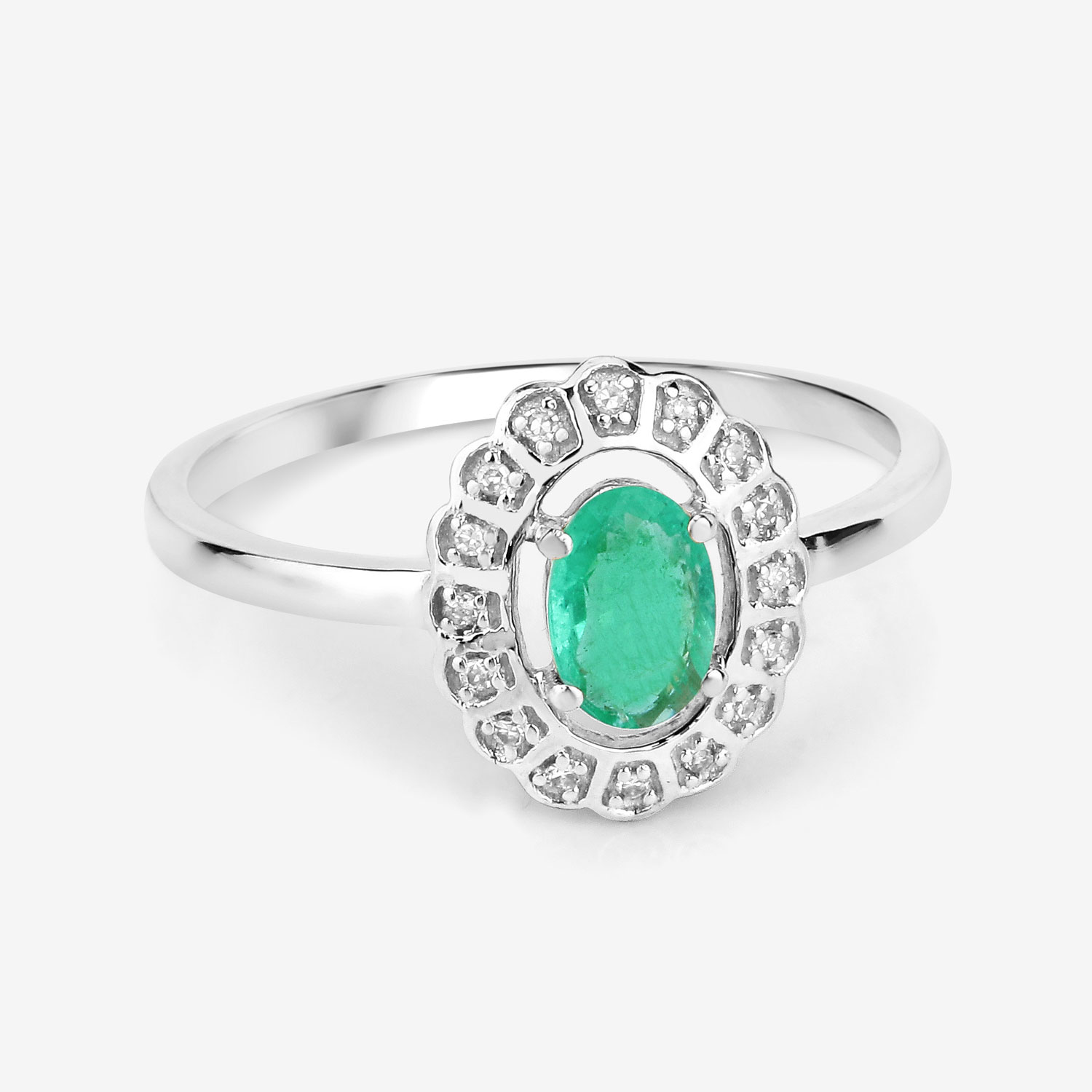 0.48 Carat Genuine Zambian Emerald and White Diamond 14K White Gold Ring
