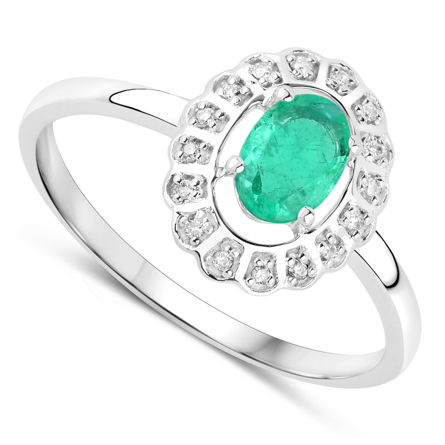 0.48 Carat Genuine Zambian Emerald and White Diamond 14K White Gold Ring