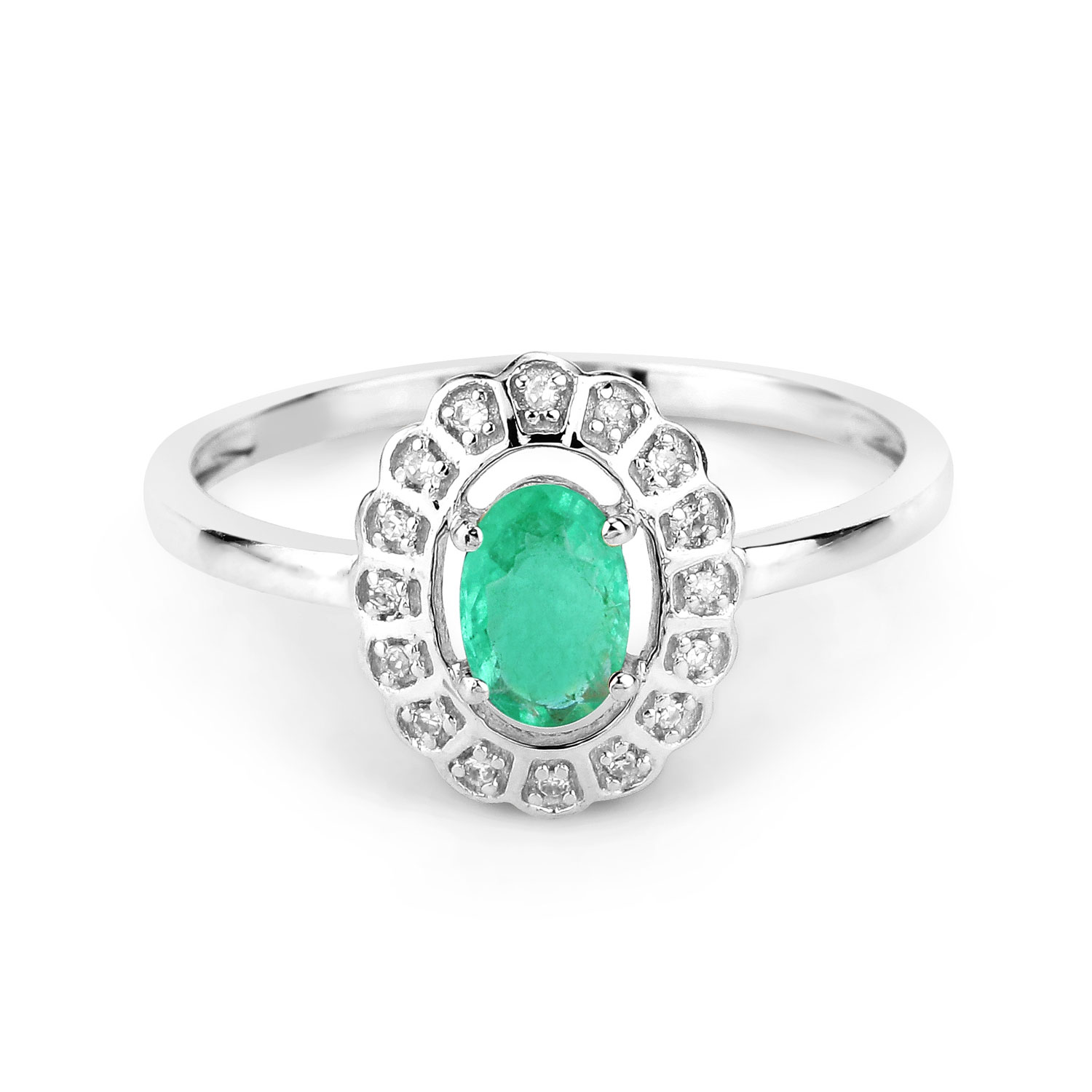 0.48 Carat Genuine Zambian Emerald and White Diamond 14K White Gold Ring