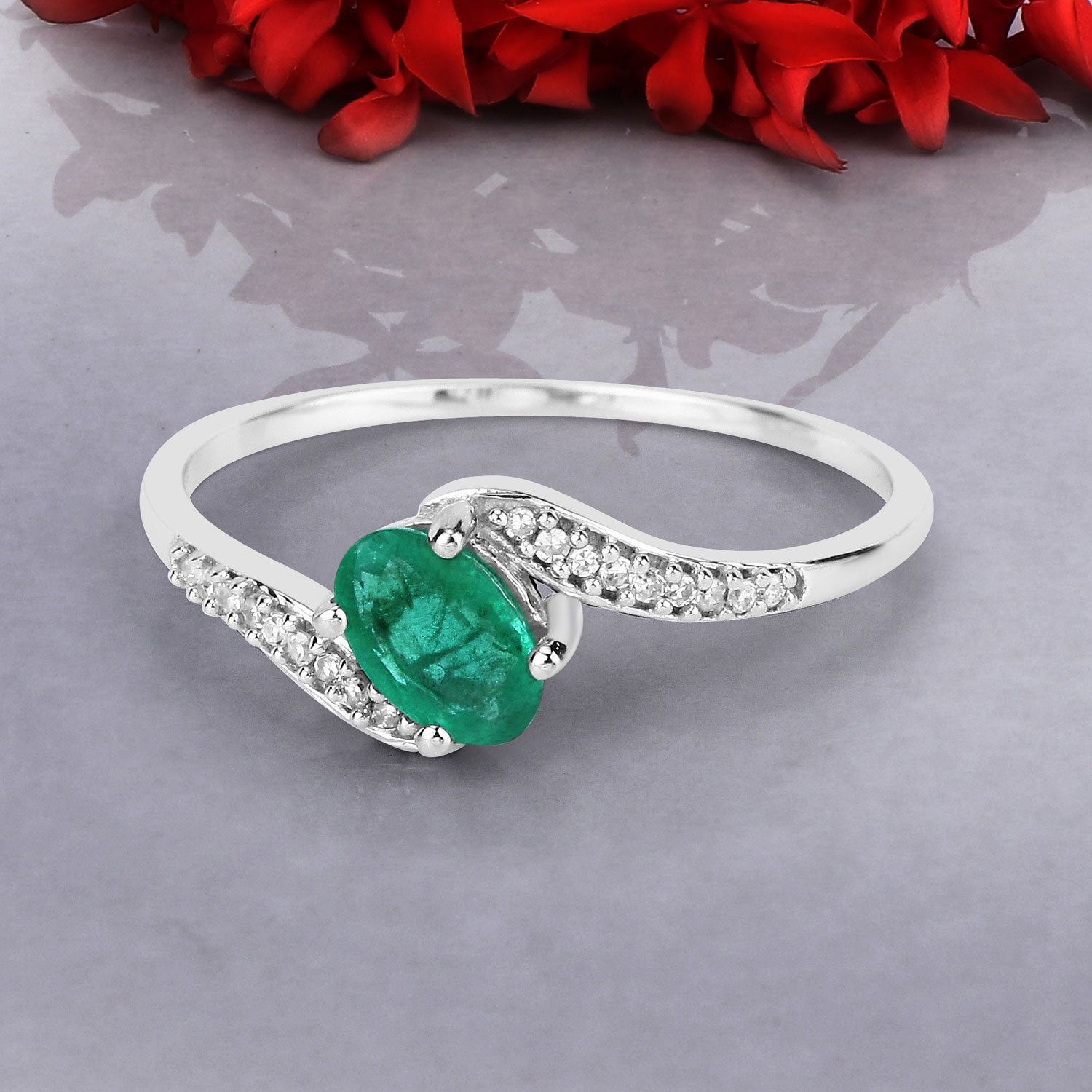 0.49 Carat Genuine Zambian Emerald and White Diamond 14K White Gold Ring