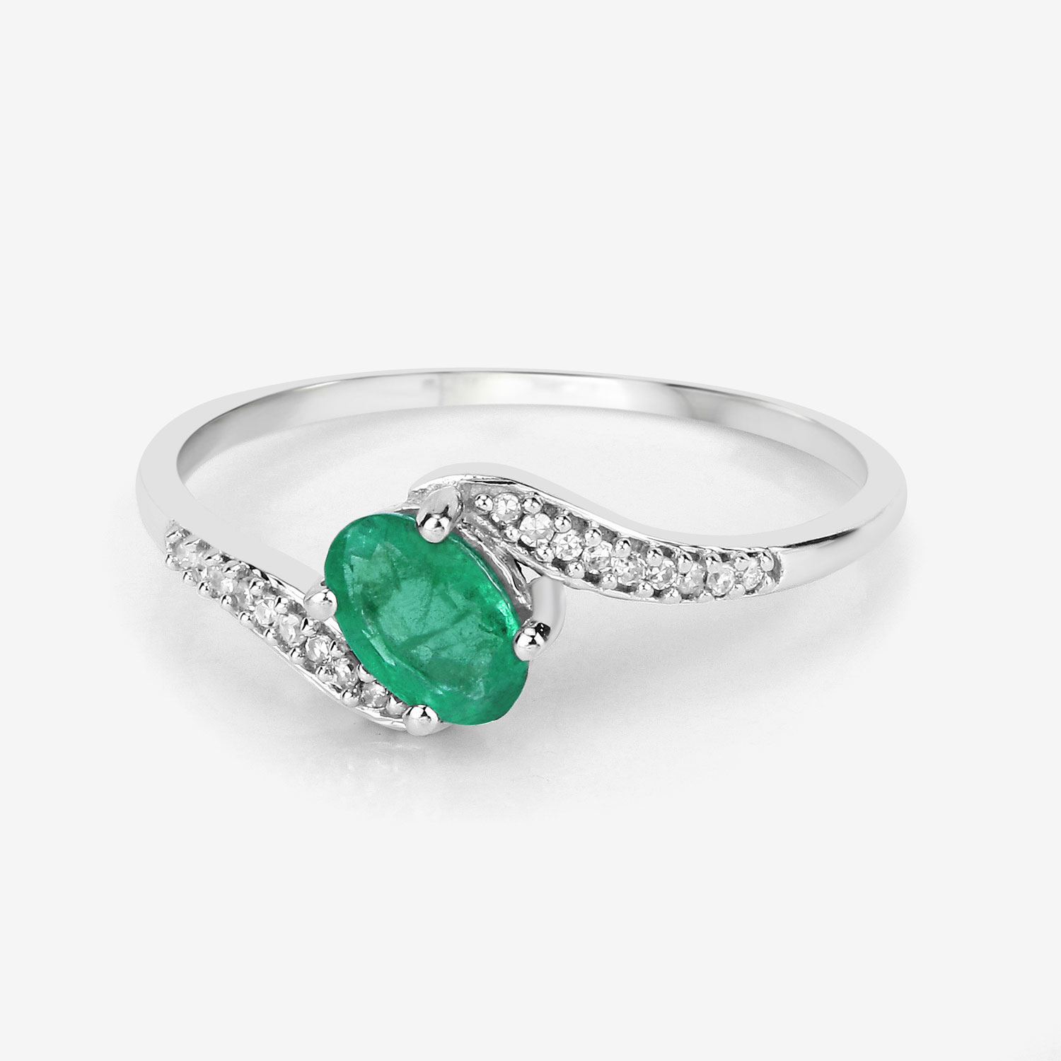 0.49 Carat Genuine Zambian Emerald and White Diamond 14K White Gold Ring