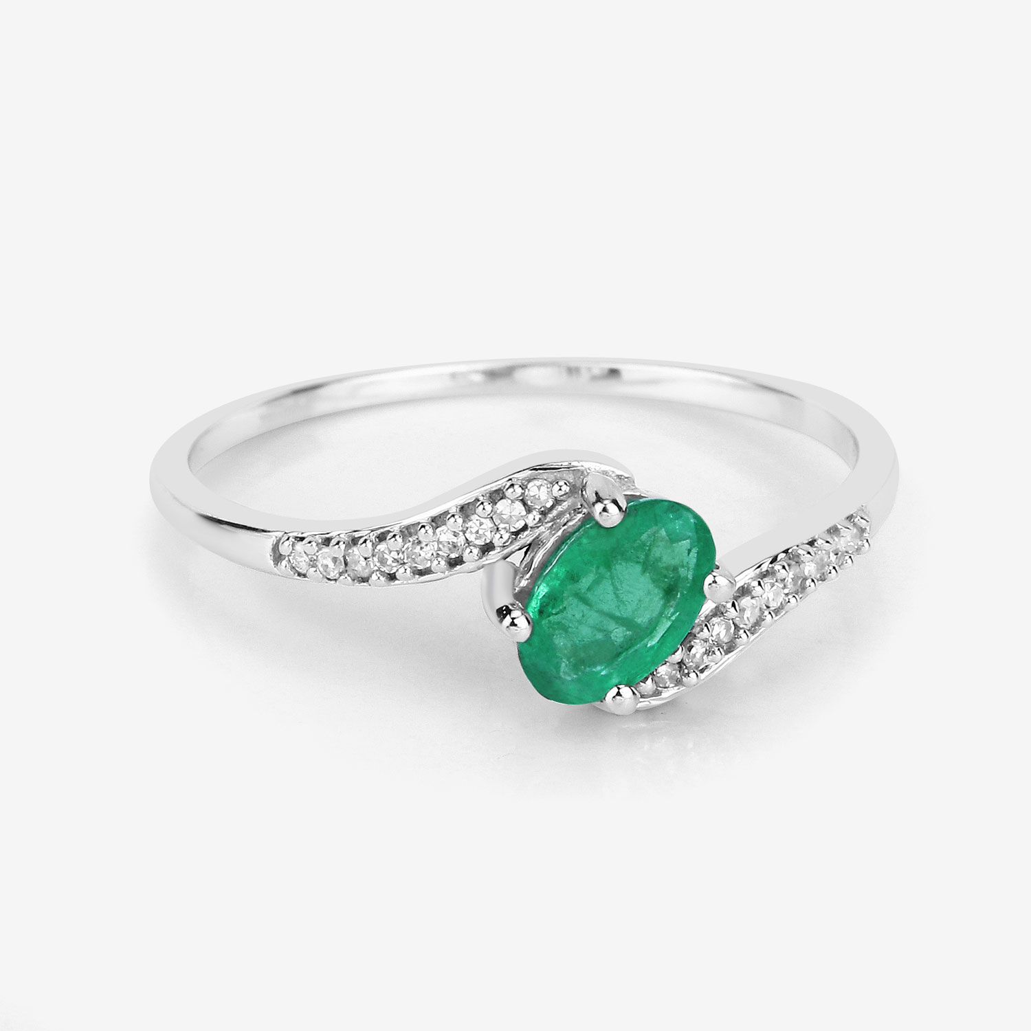 0.49 Carat Genuine Zambian Emerald and White Diamond 14K White Gold Ring