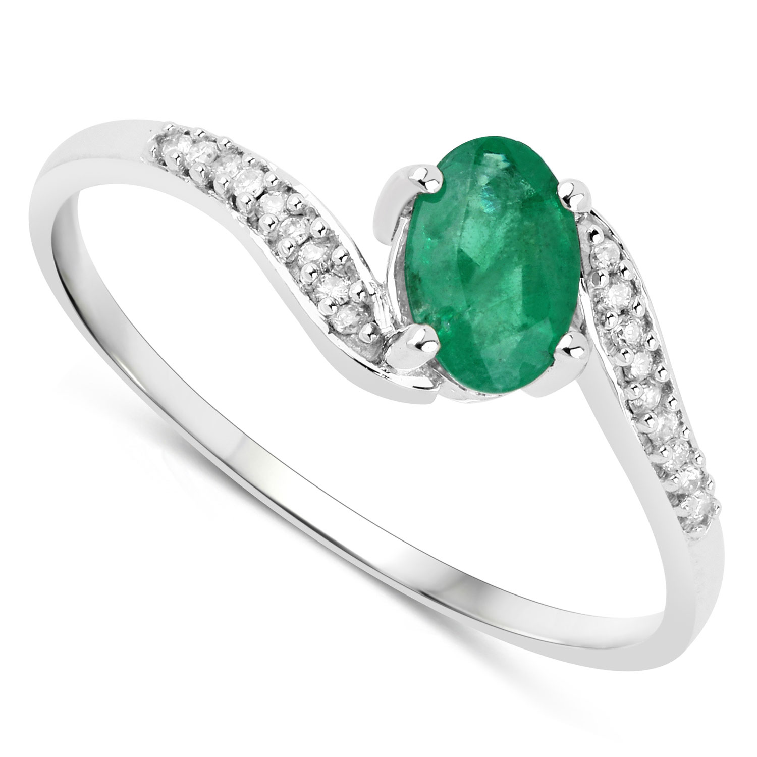 0.49 Carat Genuine Zambian Emerald and White Diamond 14K White Gold Ring