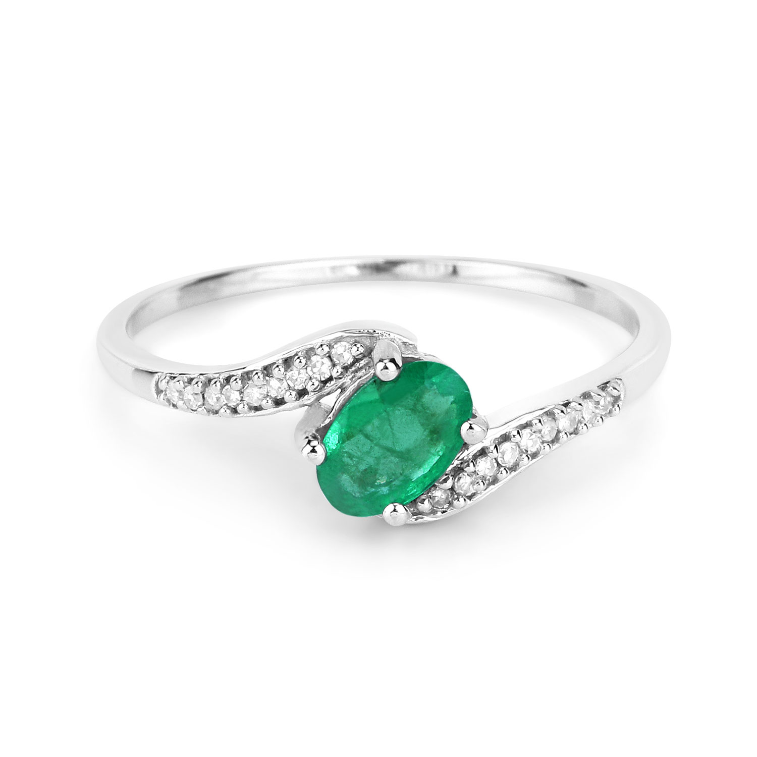 0.49 Carat Genuine Zambian Emerald and White Diamond 14K White Gold Ring
