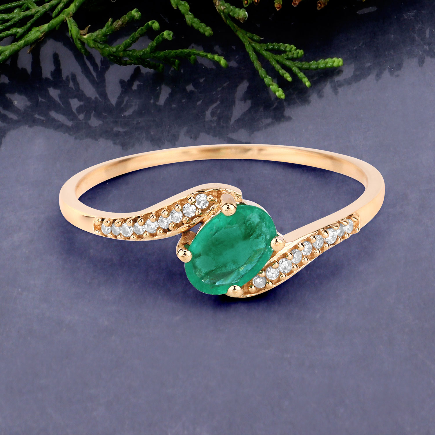 0.49 Carat Genuine Zambian Emerald and White Diamond 14K Yellow Gold Ring
