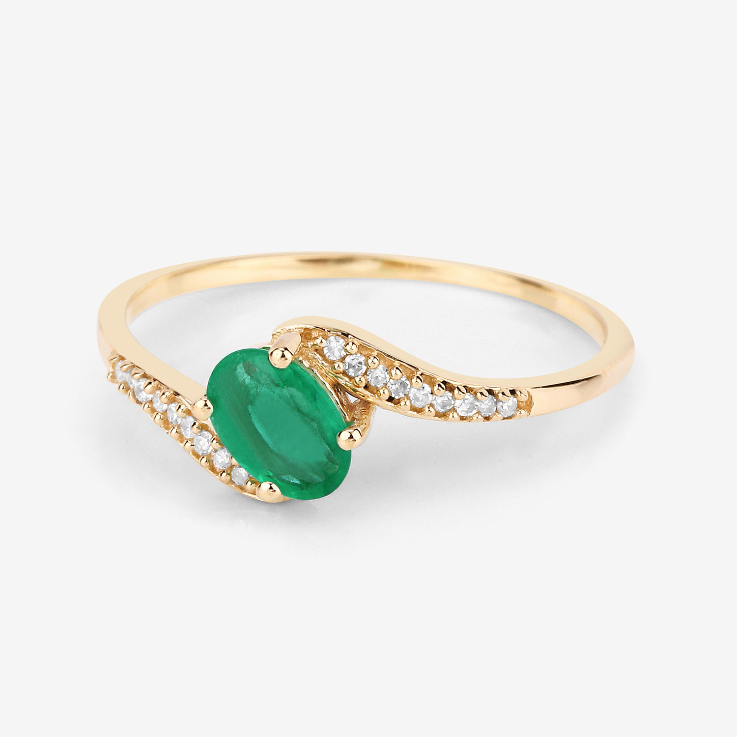 0.49 Carat Genuine Zambian Emerald and White Diamond 14K Yellow Gold Ring