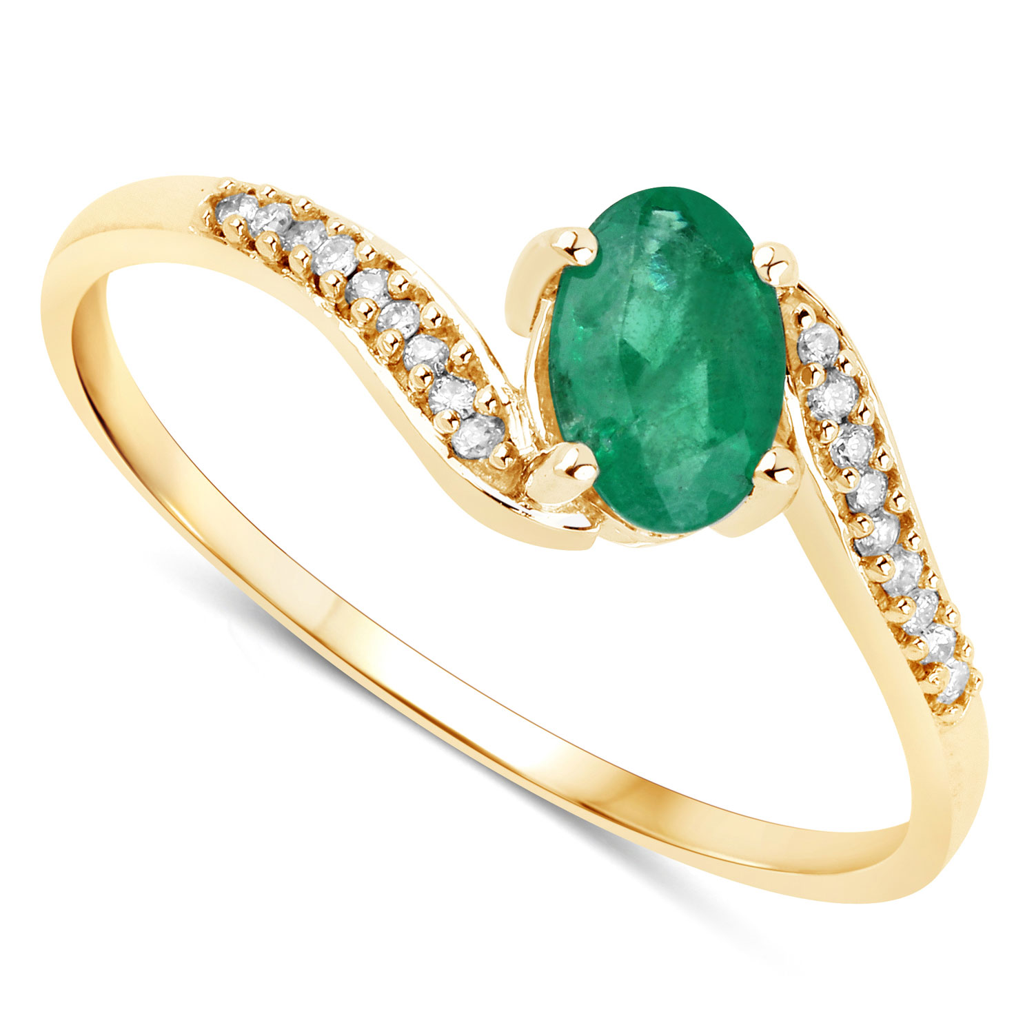 0.49 Carat Genuine Zambian Emerald and White Diamond 14K Yellow Gold Ring