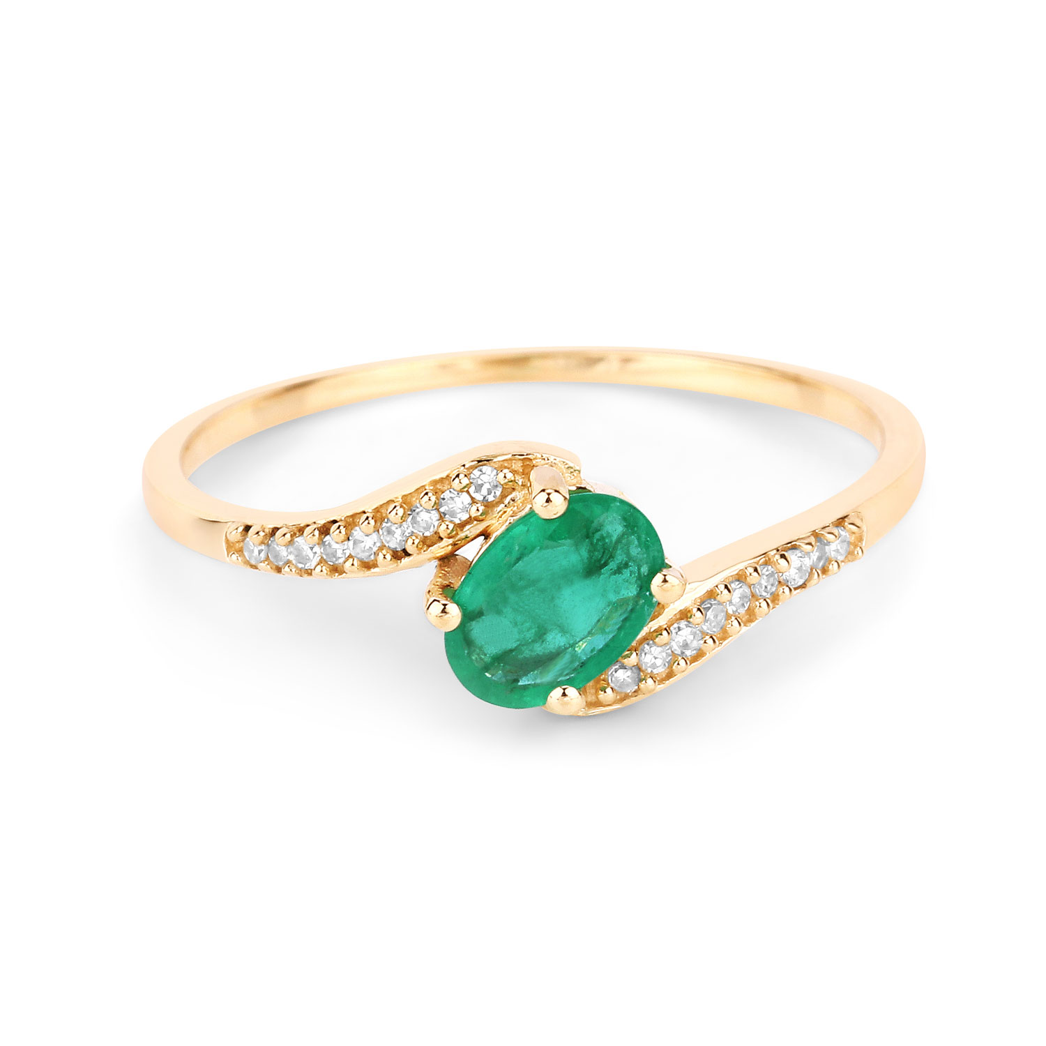 0.49 Carat Genuine Zambian Emerald and White Diamond 14K Yellow Gold Ring