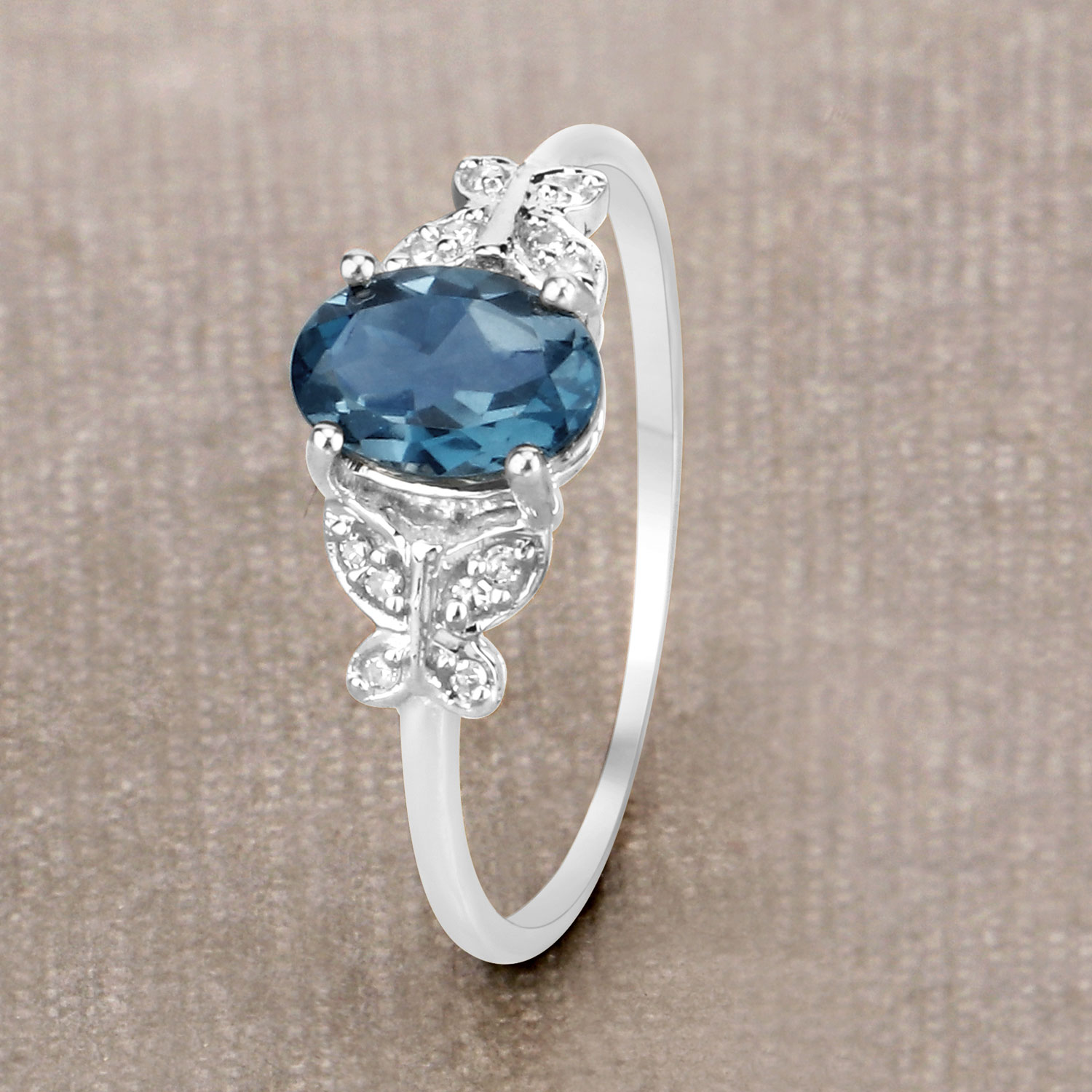 0.93 Carat Genuine London Blue Topaz and White Diamond 14K White Gold Ring
