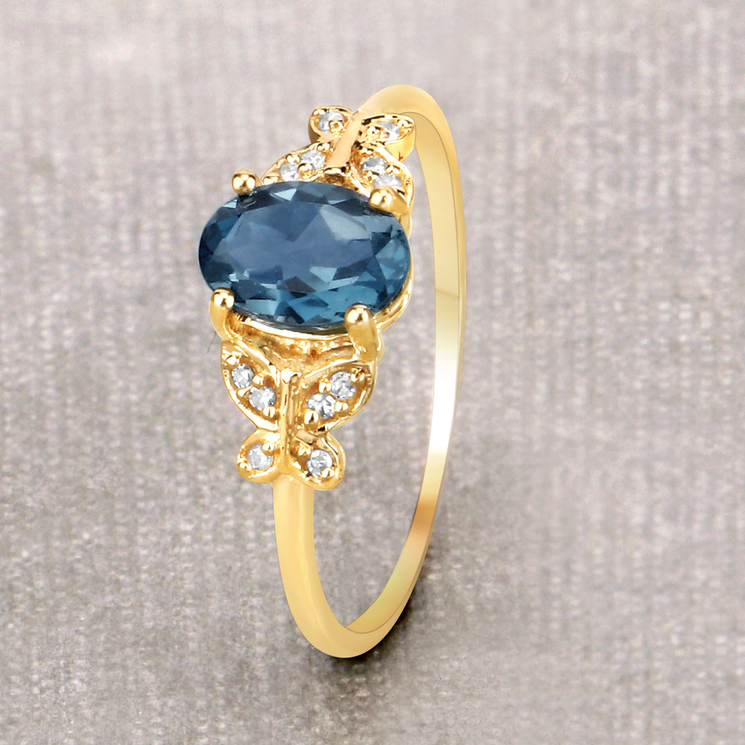0.93 Carat Genuine London Blue Topaz and White Diamond 14K Yellow Gold Ring