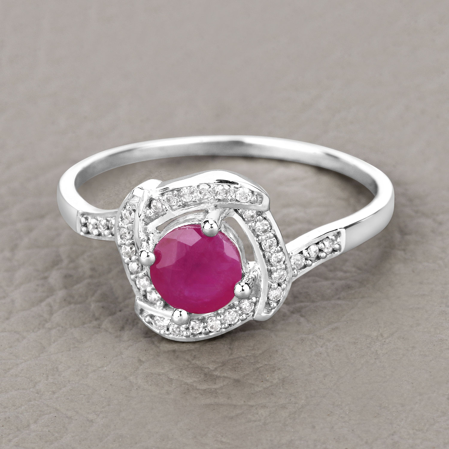 0.63 Carat Genuine Ruby and White Diamond 14K White Gold Ring