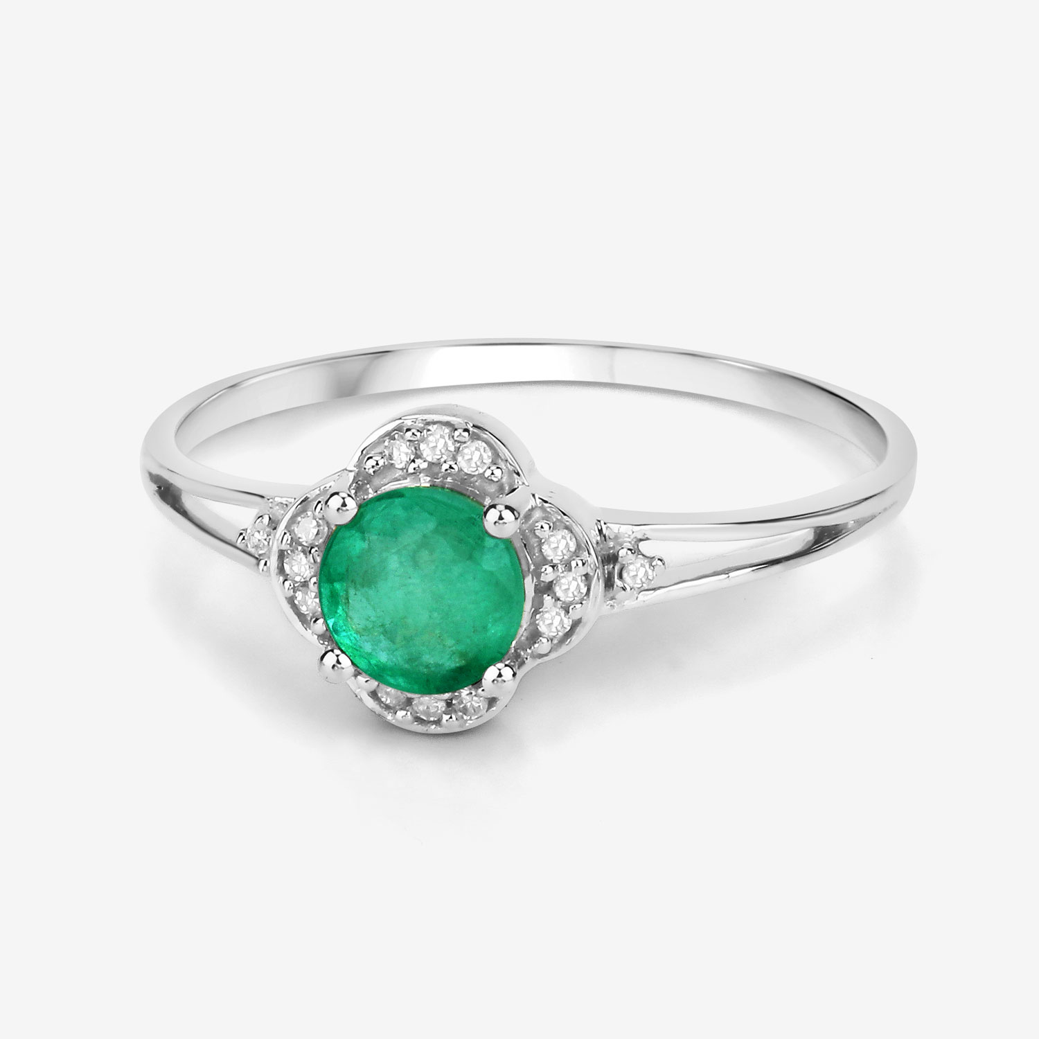 0.46 Carat Genuine Zambian Emerald and White Diamond 14K White Gold Ring