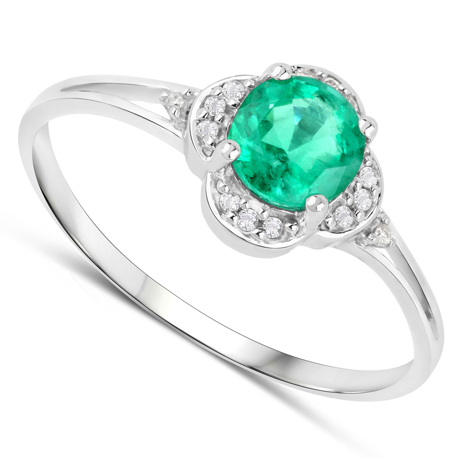 0.46 Carat Genuine Zambian Emerald and White Diamond 14K White Gold Ring